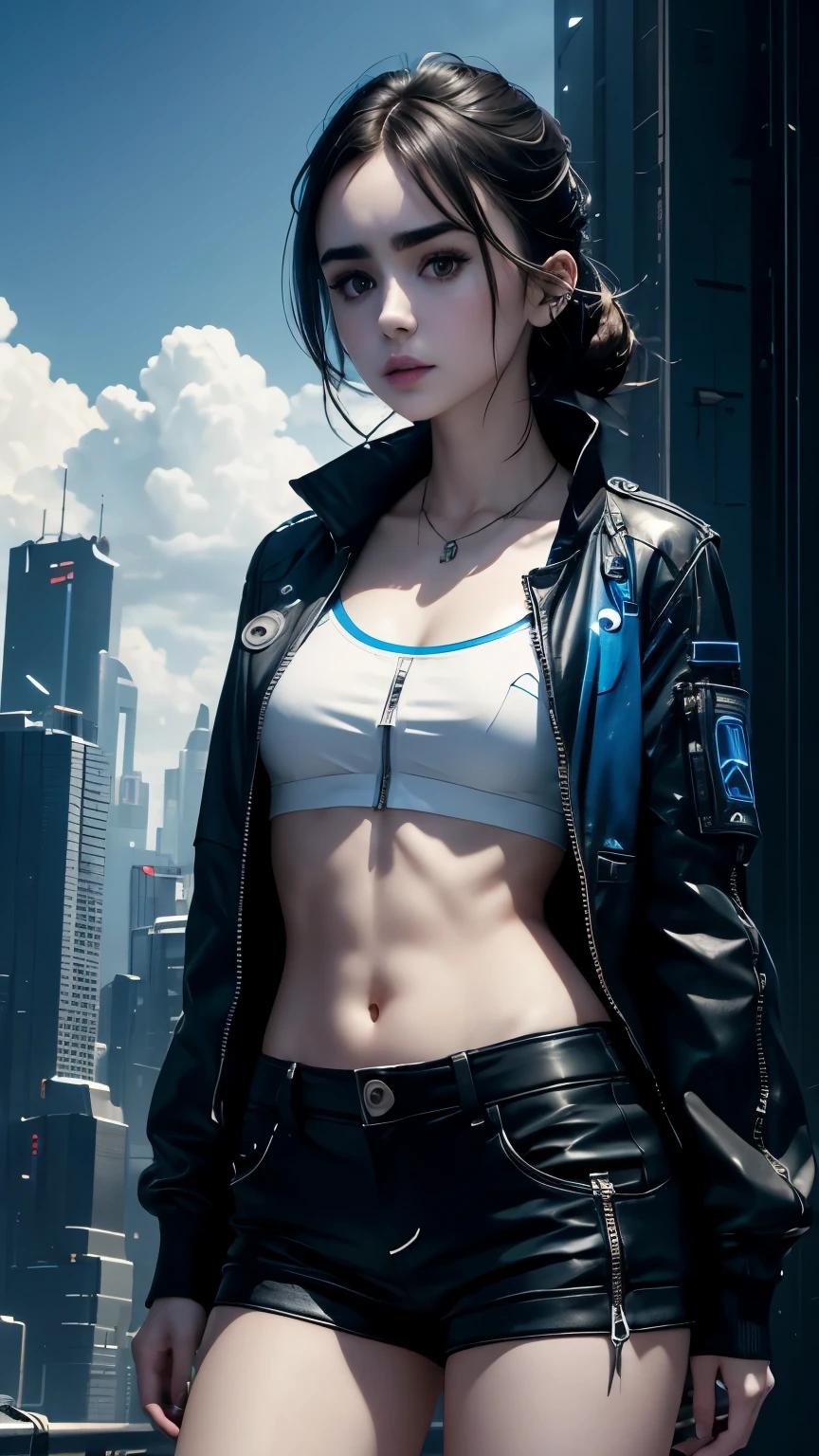 Lily Collins,Tall figure,skin,Upper body shorts,Black shorts,buttons,zipper,Complex workmanship,icon,company logo,Emit blue light,background with,future technology,cyberpunk city,,big gear,wind,Blue sky and white clouds,