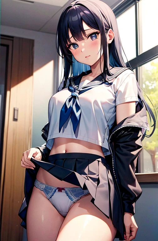 (masterpiece, Highly detailed 8k CG, sharp lines), high school girl, blue hair, cute, serafuku, white underwear and skirt, skirt lift, sexy pose showing panties, thighs, anime style , 美しいアニメhigh school girl, seductive anime girl, Smooth anime CG art, 美しいアニメhigh school girl, beautiful anime girl,