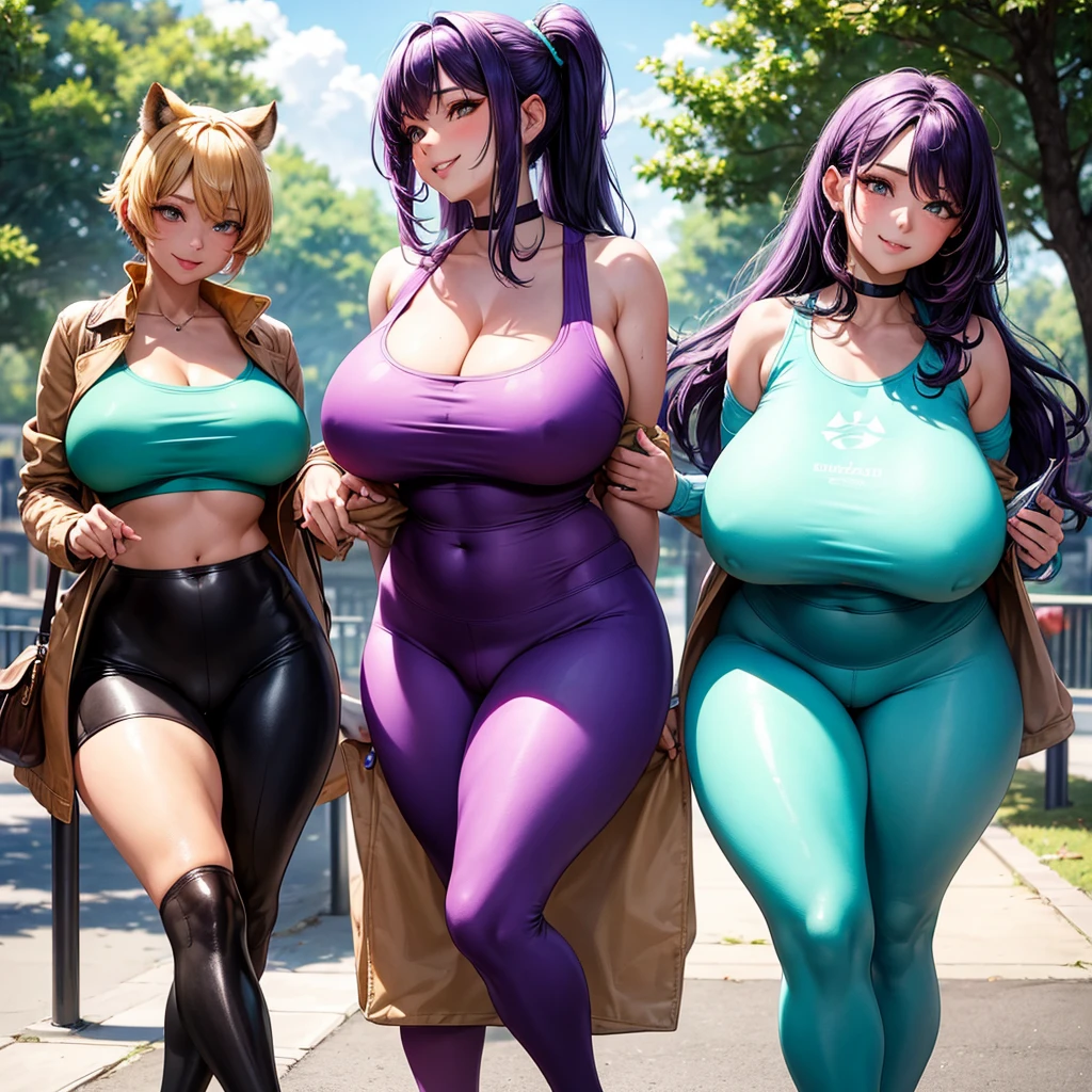 2 beautiful women, gigantic boobs, tiny waist, thick thighs, purple hair that glows bright, walking up to a park bench, trees in the background, beautiful face, flirty smile (high definition resolution) wearing a teal shirt with a word across the front, wearing tight blue leggings, (camel toe) 