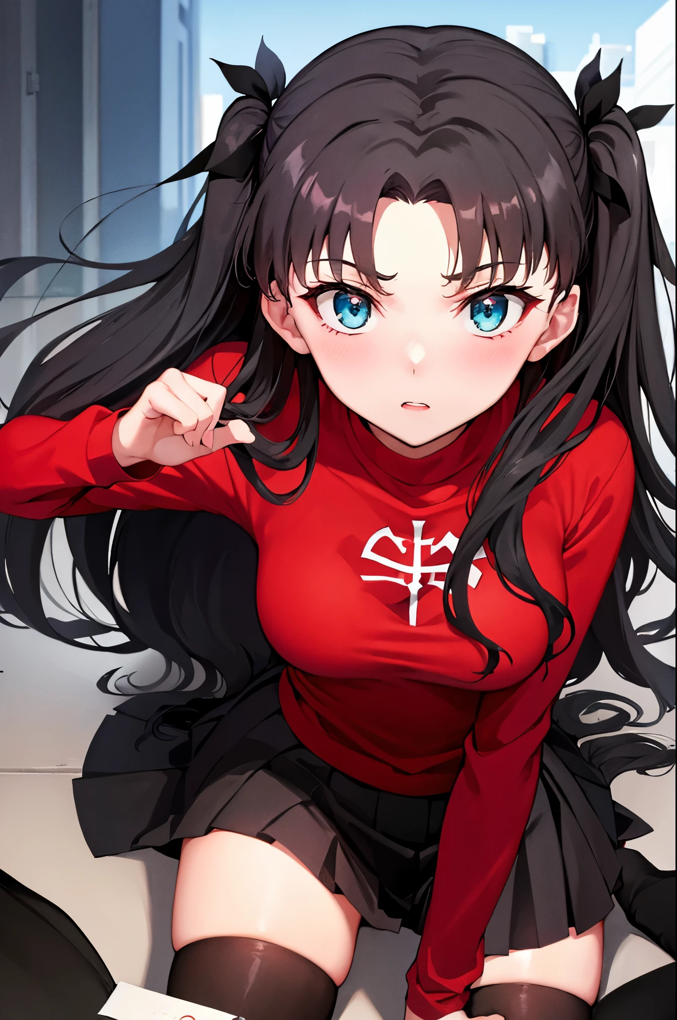(masterpiece), best quality, expressive eyes, perfect face, 1girl, solo, rintohsaka, rin tohsaka, aqua eyes, black hair, hair ribbon, long hair, ribbon, sidelocks, two side up, black skirt, black thighhighs, long sleeves, miniskirt, pleated skirt, ((red sweater)), skirt, sweater, thighhighs, turtleneck, city background, sitting, character sheet, upper body, portrait, looking at viewer
