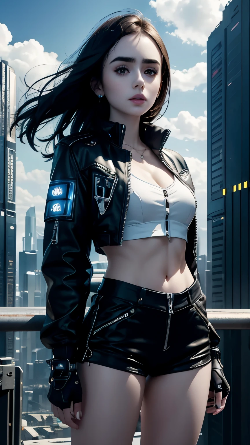 Lily Collins,Tall figure,skin,Upper body shorts,Black shorts,buttons,zipper,Complex workmanship,icon,company logo,Emit blue light,background with,future technology,cyberpunk city,,big gear,wind,Blue sky and white clouds,