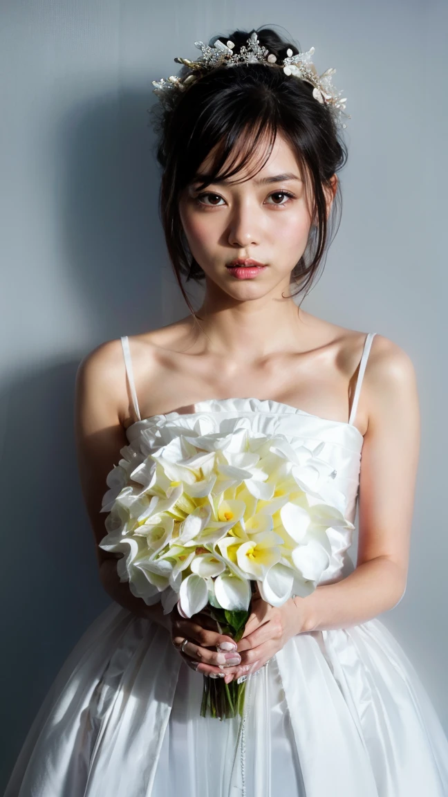 1 Japanese woman、((solo))、alone、bride、Wearing White wedding dress、happiness、((Show me your forehead))、Are standing、short hair、detailed face、High resolution、((whole body))、High quality and beautiful、shining face,((holding a bouquet))、Looking at Viewer,white high heels、(flower hair ornament)