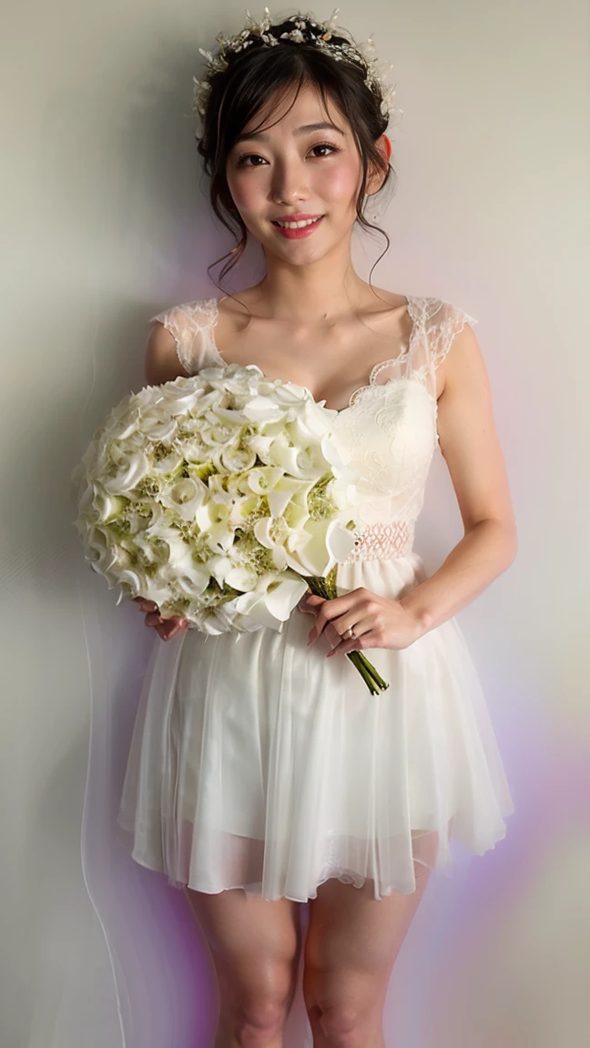 1 Japanese woman、((solo))、alone、bride、Wearing White wedding dress、happiness、((Show me your forehead))、Are standing、short hair、detailed face、High resolution、((whole body))、High quality and beautiful、shining face,((holding a bouquet))、Looking at Viewer,white high heels、(flower hair ornament)