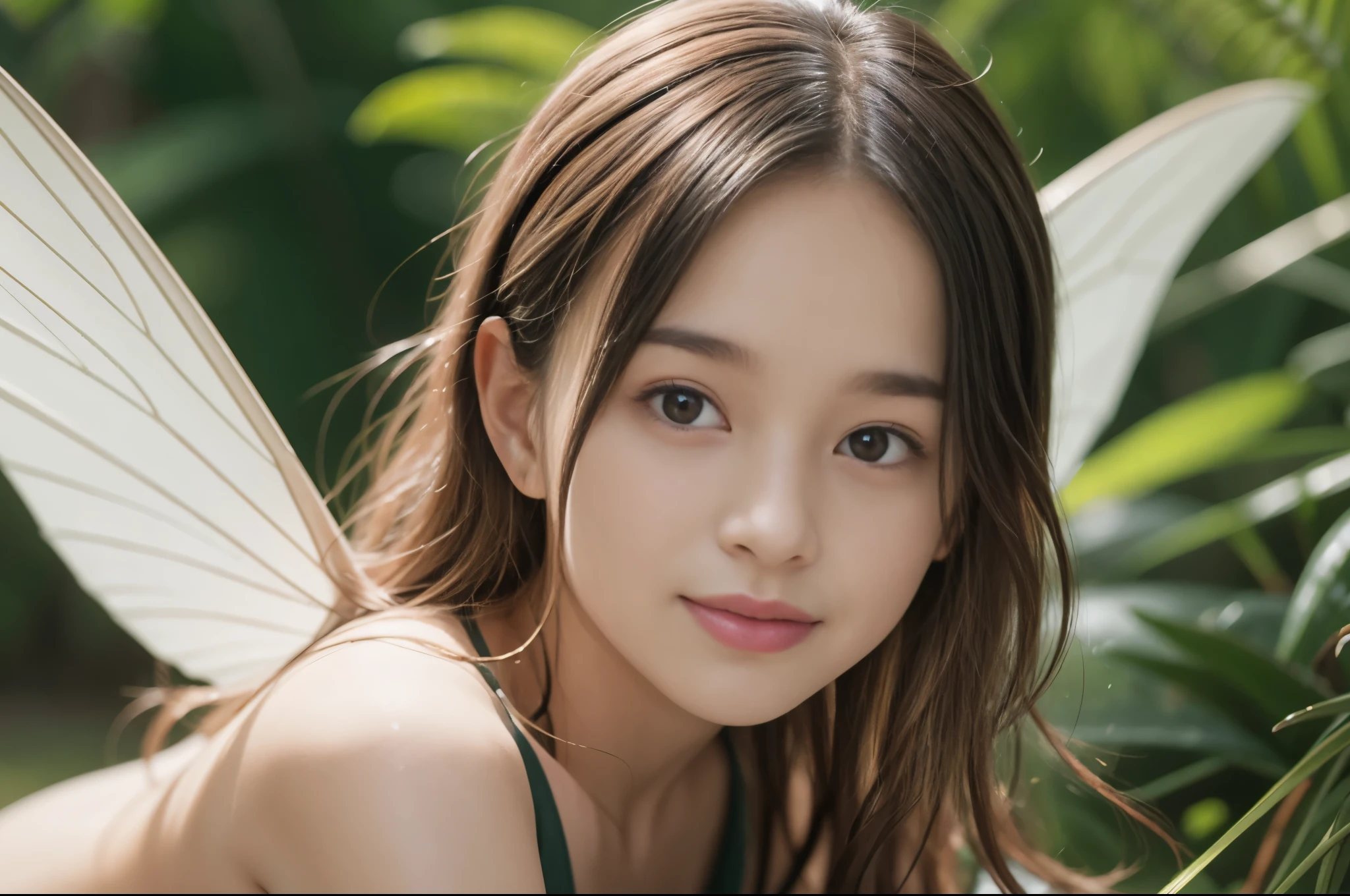 (8K、Live shooting、realistic:1.25)、1 girl、Tinkerbell looks like a 14 year old girl with a beautiful face、on top of an old castle、The moon is out、(fly in the sky)、blonde、Aori Shot、fairy wings are transparent、smile、whole body、luminous bikini swimsuit、lip gloss、Glossy skin、highest quality、ultra high resolution、