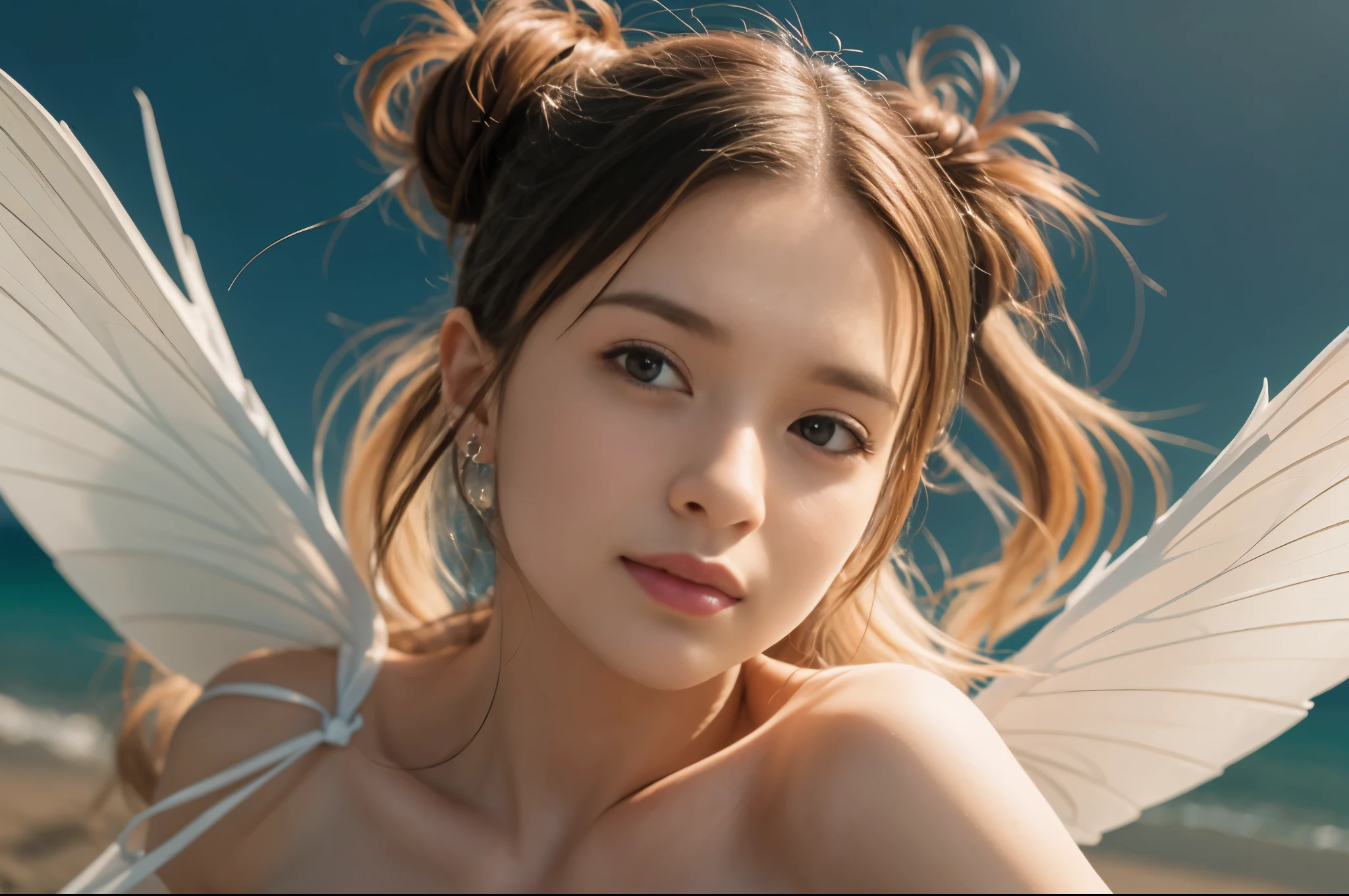 (8K、Live shooting、realistic:1.25)、1 girl、Tinkerbell looks like a  girl with a beautiful face、on top of an old castle、The moon is out、(fly in the sky:1.1)、blonde、Aori Shot、fairy wings are transparent、smile、whole body、luminous bikini swimsuit、lip gloss、Glossy skin、highest quality、ultra high resolution、