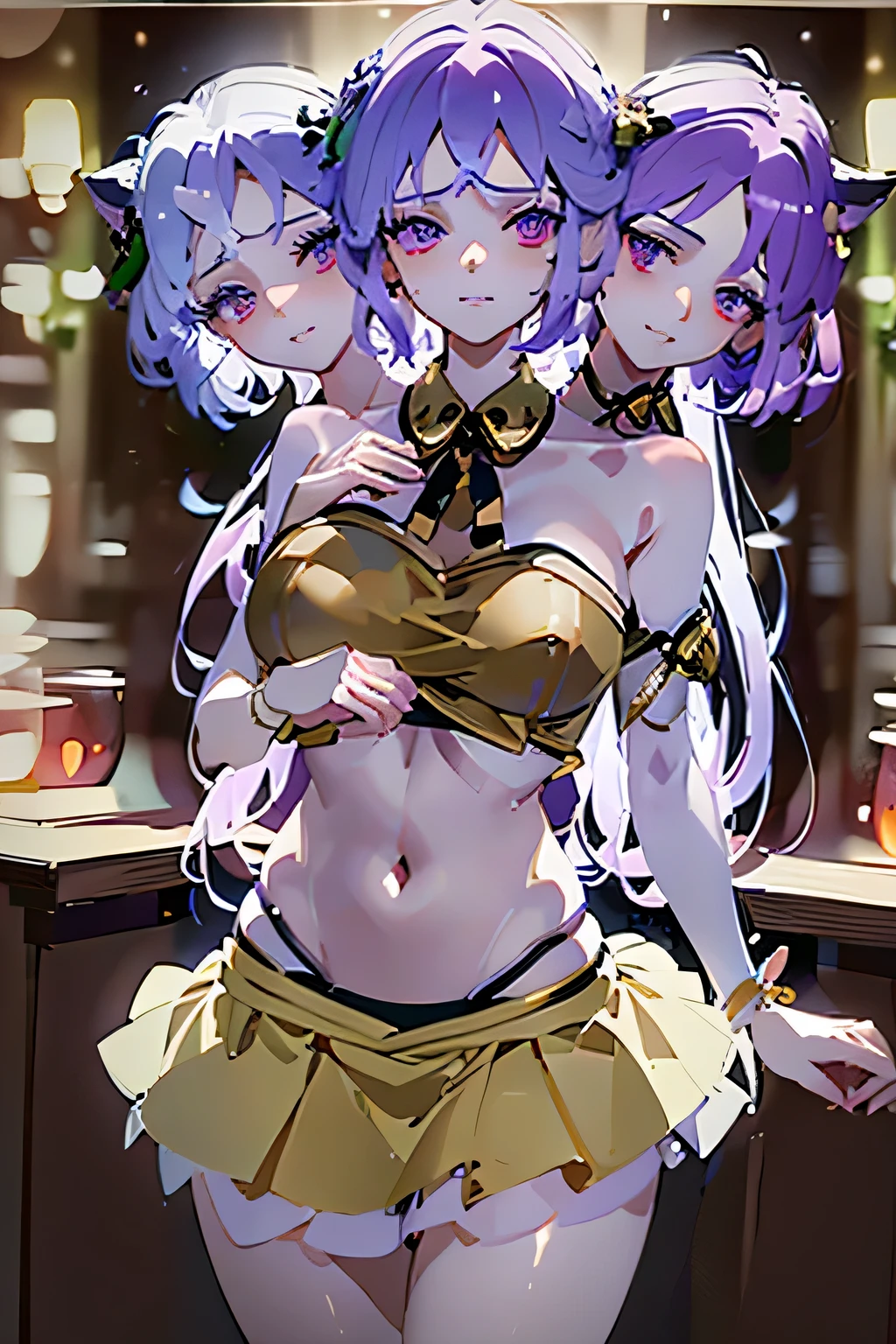 (masterpiece, best quality), best quality, best resolution, (ultra-detailed), (3heads:1.5), 1girl, (tsukumo benben:1.3), masterpiece, best quality, brown and black top, crop top, ((stomach)), midriff, ((groin)), brown skirt, normal ears, shackles, lilac hair, very long hair, wavy hair, sidelocks, purple eyes, parted lips, single horn, sweat, cute, toned belly, hand on own chest, eyelashes, (24 year old woman:1.3), (masterpiece:1.4), (best quality:1.4), (beautiful detailed extremely detailed CG, extremely delicate and beautiful, depth of field, (finely detailed face), (perfect details:1.2), (mature female:1.3), wide pelvis, slender, large veiny breast, 8k resolution, high quality, high definition, extremely detailed, masterpiece, best quality, best resolution, lilac hair, long hair, alluring presence, braid, short skirt, close up, big tits, young, 