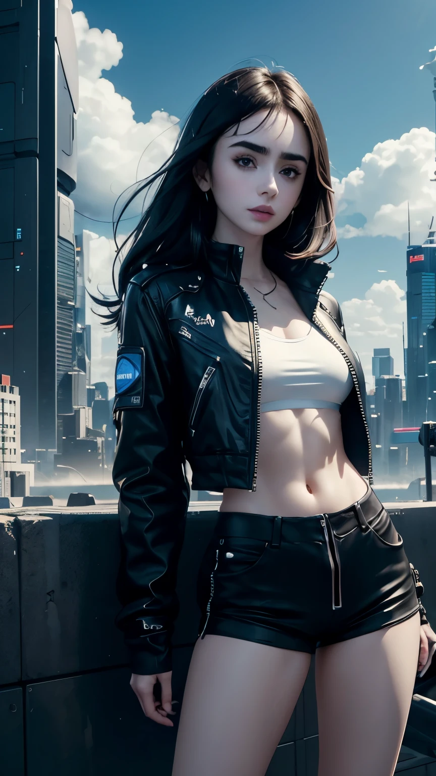 Lily Collins,Tall figure，skin，Upper body shorts，Black shorts，buttons，zipper，Complex workmanship，icon，company logo，Emit blue light，background with，future technology，cyberpunk city，，big gear，wind，Blue sky and white clouds，
