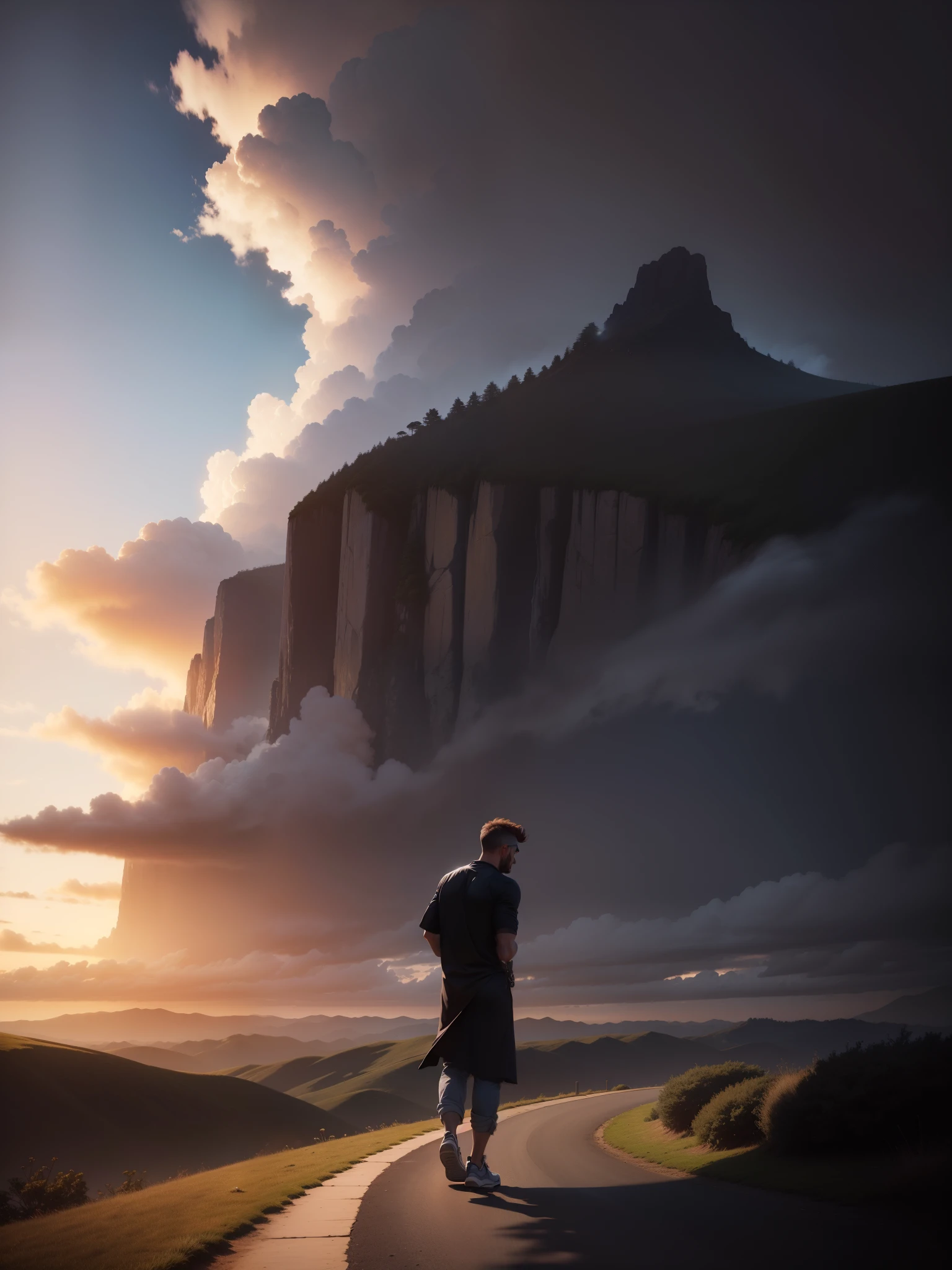 man, landscape, nature, mountains, paths, path, path to heavens, palm trees, alone, alone, straight path, natural view, divine, clouds, cloud, heavens, sky, sun, detailed sky, path to, back, manly, manly, manly, vigorous, strong, well dressed, tunic, decent, walk, run, path, beauty path, life path, nature, beautiful place, paradise, back, walking, looking at the straight path, Direction photorealism, photorealistic, Ultra HD, 4K, detailed textures, futuristic colors, detailed colors,