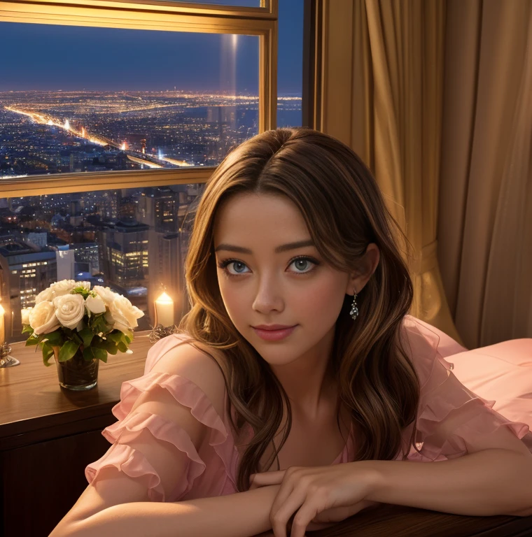 (Mejor calidad,ultra detallado,Realista:1.37),(HDR,HD,studio lighting), AMBER HEARD, 28 years,(hermosos ojos detallados,hermosos labios detallados,ojos y rostro extremadamente detallados,long eyelashes), RUBIA, SONRISA DISCRETA, POSTURA ELEGANTE, PECHOS PRESIONADOS POR EL ESCOTE, retrato,Pintura Digital,(vivid colors,high resolution), AMBER HEARD with confident expression., sentado en una sala de estar lujosa y elegante, vistiendo un elegante vestido rojo y tacones altos a juego,(Soft lighting with warm tones), un llamativo ramo de rosas frescas en la mano, (tela satinada brillante del vestido), con un peinado glamoroso y un maquillaje impecable, (contorno sutil y mejillas sonrosadas), The background features a floor-to-ceiling window with a panoramic view of the city, mostrando las luces vibrantes del paisaje urbano por la noche, (Luces brillantes de la ciudad), adding a touch of sophistication and elegance to the overall composition