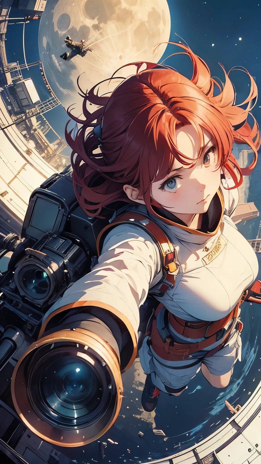 Katsuhiro Otomo, Endre Nemes, Mysterious Weird Fantastic Fantasy Sci-Fi Fantasy Anime Surrealism Machine Beautiful Girl Climbing the Moon, perfect voluminous body, detailed masterpiece perspectives angles bird’s eye view looking up looking down sharp focus Zoom in