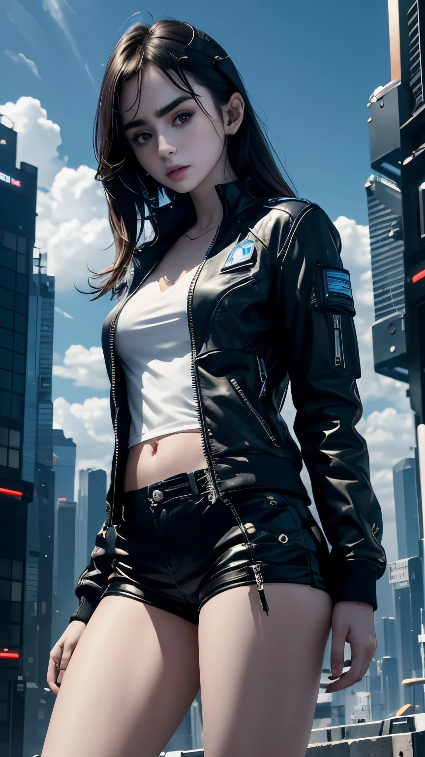 Lily Collins,Tall figure，skin，Upper body shorts，Black shorts，buttons，zipper，Complex workmanship，icon，company logo，Emit blue light，background with，future technology，cyberpunk city，，big gear，wind，Blue sky and white clouds，