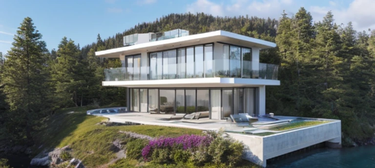 RAW photo, Masterpiece, high quality, best quality, realistic, super detailed, exterior, style of modern house on mountainside overlooking the sea with white walls, glass doors, glass doors, stains, balcony, glass railing, wooden balcony floor, clean lines, modernism, realistic reflections, realistic lighting, beautiful summer sky, trees, grass (date: 1.1), colors vivid, vray