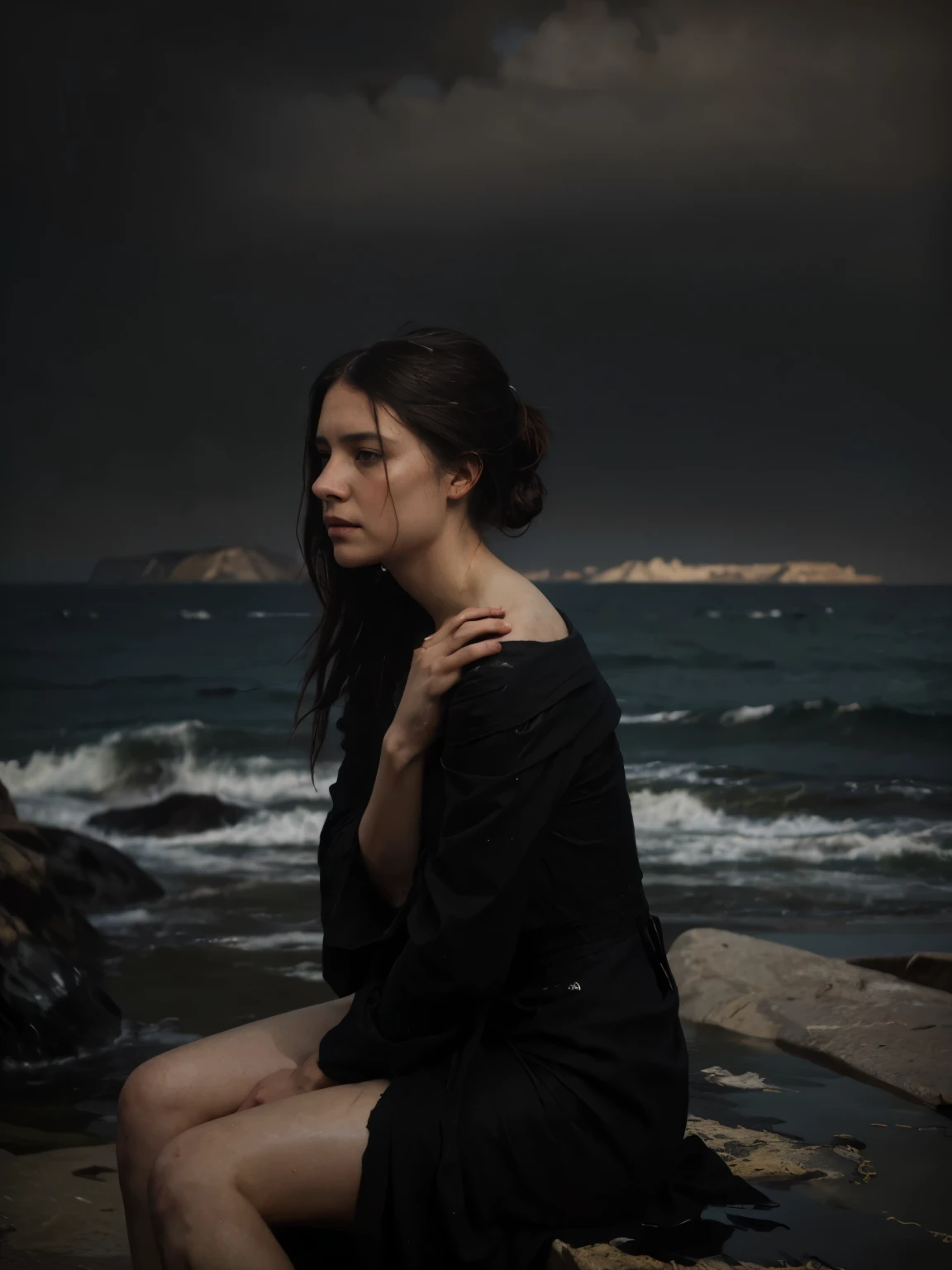 ((Jeremy Lipking style)) ((Nicola Samori style)) very ugly sad sitting woman with a young girl, ((long black dress)), front, sky, sea, rocks, hair up, (oil on linen), (photo by nikon d800, 50mm zeiss
lens), spotlight, hugging