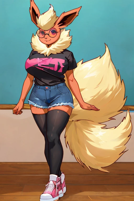 female anthro Snow leopard,Brown long fluffy hair, fluffy hair, squirrel ears, hyena, big breasts, attractive,pink shirt, black pants, thicc body, thicc body, thicc, freckles, freckles on face, neutral expression, smug eyes, a strip dancer, on a platform, stage, string pole squatting arms behind her head holding on strip pole, POV angle from below looking up, angled, camera angle, light beams, strip club, (thick thighs:1.5)