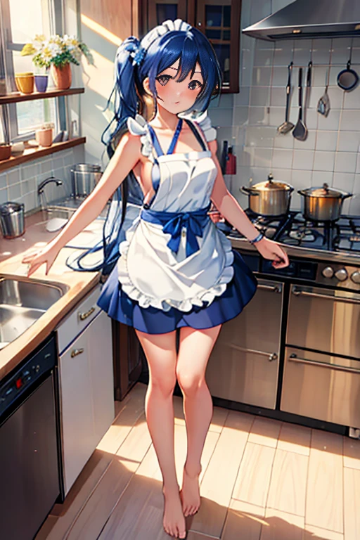 highest quality, masterpiece, High resolution, alone, {Sonoda_Ocean_lovelive:1.15}, blue hair，long hair，side ponytail,flower hair ornament,naked apron,barefoot,Grabbing the hem of the apron with both arms,kitchen,blush,embarrassing,