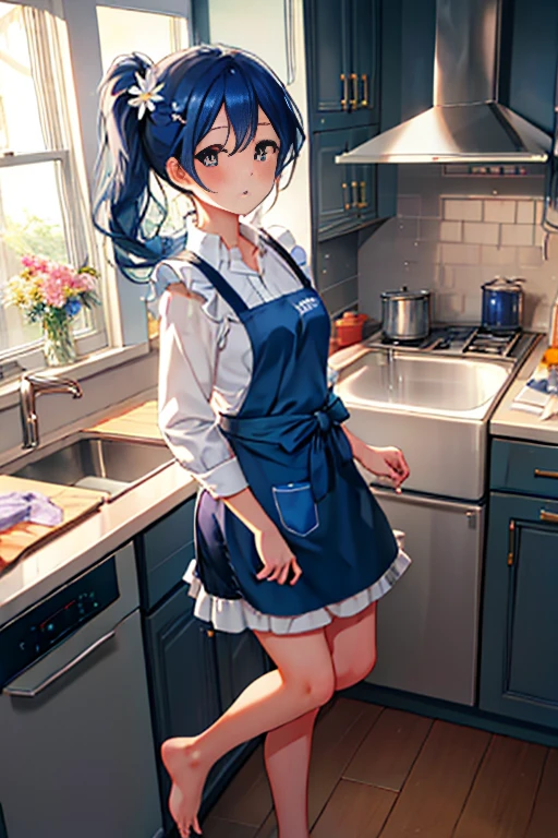 highest quality, masterpiece, High resolution, alone, {Sonoda_Ocean_lovelive:1.15}, blue hair，long hair，side ponytail,flower hair ornament,naked apron,barefoot,Grabbing the hem of the apron with both arms,kitchen,blush,embarrassing,