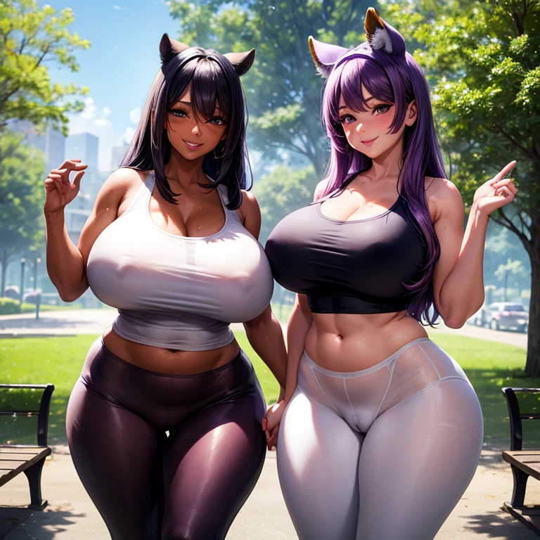 2 beautiful women, gigantic boobs, tiny waist, thick thighs, purple hair that glows bright, walking up to a park bench, trees in the background, beautiful face, flirty smile (high definition resolution) wearing a white t shirt(wet), wearing tight white leggings, (camel toe)