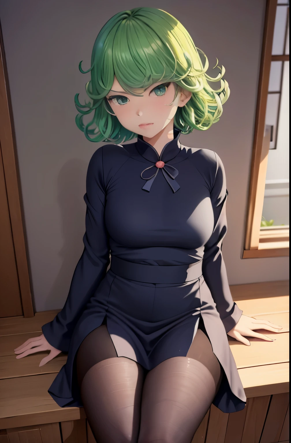 (Masterpiece, Best Quality:1.2), 独奏, 1girl, tatsumaki, unamused, closed mouth, looking a viewer, sitting, 她穿着敦煌飞天衣服, thights, широкие thights,