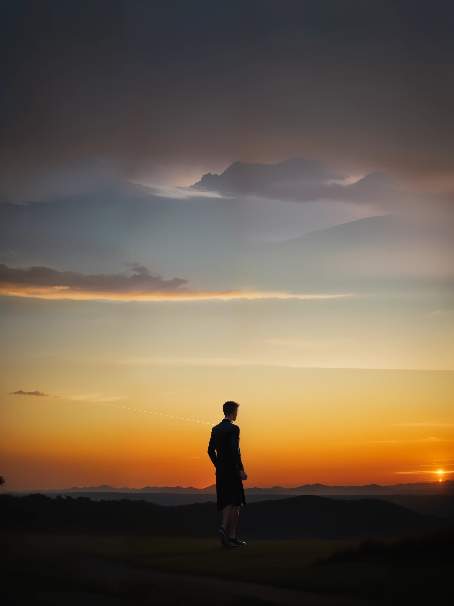 man, landscape, nature, mountains, paths, path, path to heavens, palm trees, alone, alone, straight path, natural view, divine, clouds, cloud, heavens, sky, sun, detailed sky, path to, back, manly, manly, manly, vigorous, strong, well dressed, tunic, decent, walk, run, path, beauty path, life path, nature, beautiful place, paradise, back, walking, looking at the straight path,  Direction photorealism, photorealistic, Ultra HD, 4K, detailed textures, futuristic colors, detailed colors,