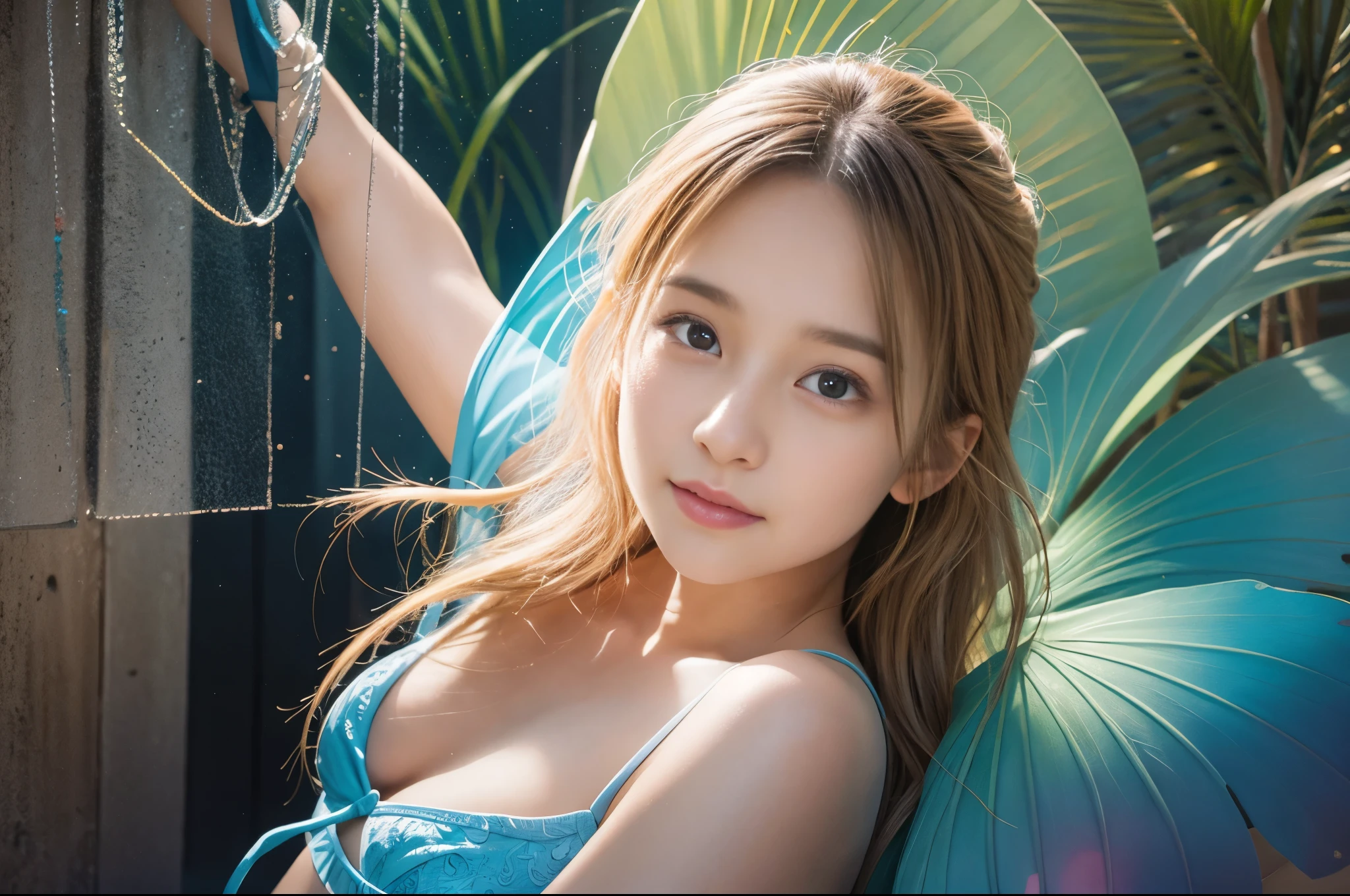 (8K、Live shooting、realistic:1.25)、1 girl、Tinkerbell looks like a 14 year old girl with a beautiful face、on top of an old castle、The moon is out、(fly in the sky)、blonde、Aori Shot、fairy wings are transparent、smile、whole body、luminous bikini swimsuit、lip gloss、Glossy skin、highest quality、ultra high resolution、