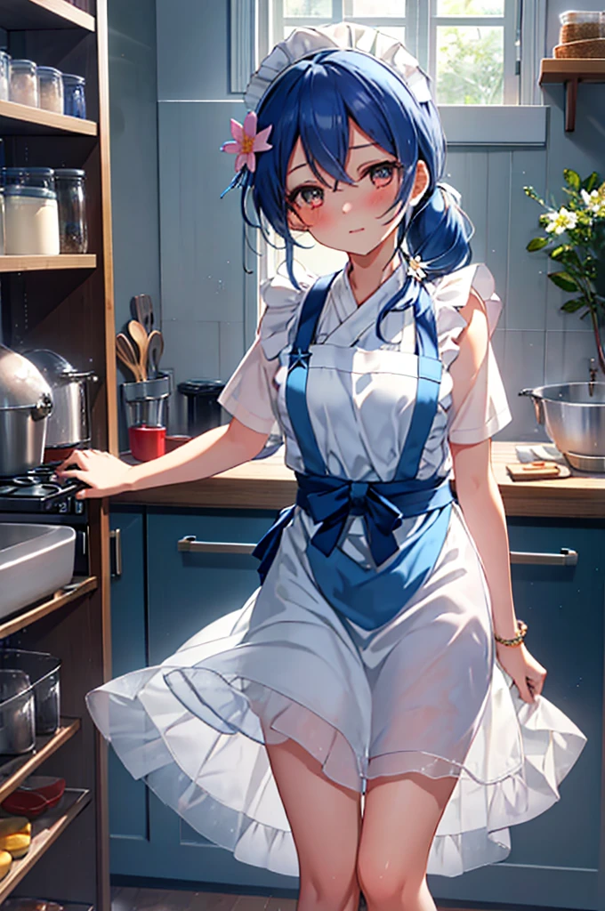 highest quality, masterpiece, High resolution, alone, {Sonoda_Ocean_lovelive:1.15}, blue hair，long hair，side ponytail,flower hair ornament,naked apron,barefoot,Grabbing the hem of the apron with both arms,kitchen,blush,embarrassing,