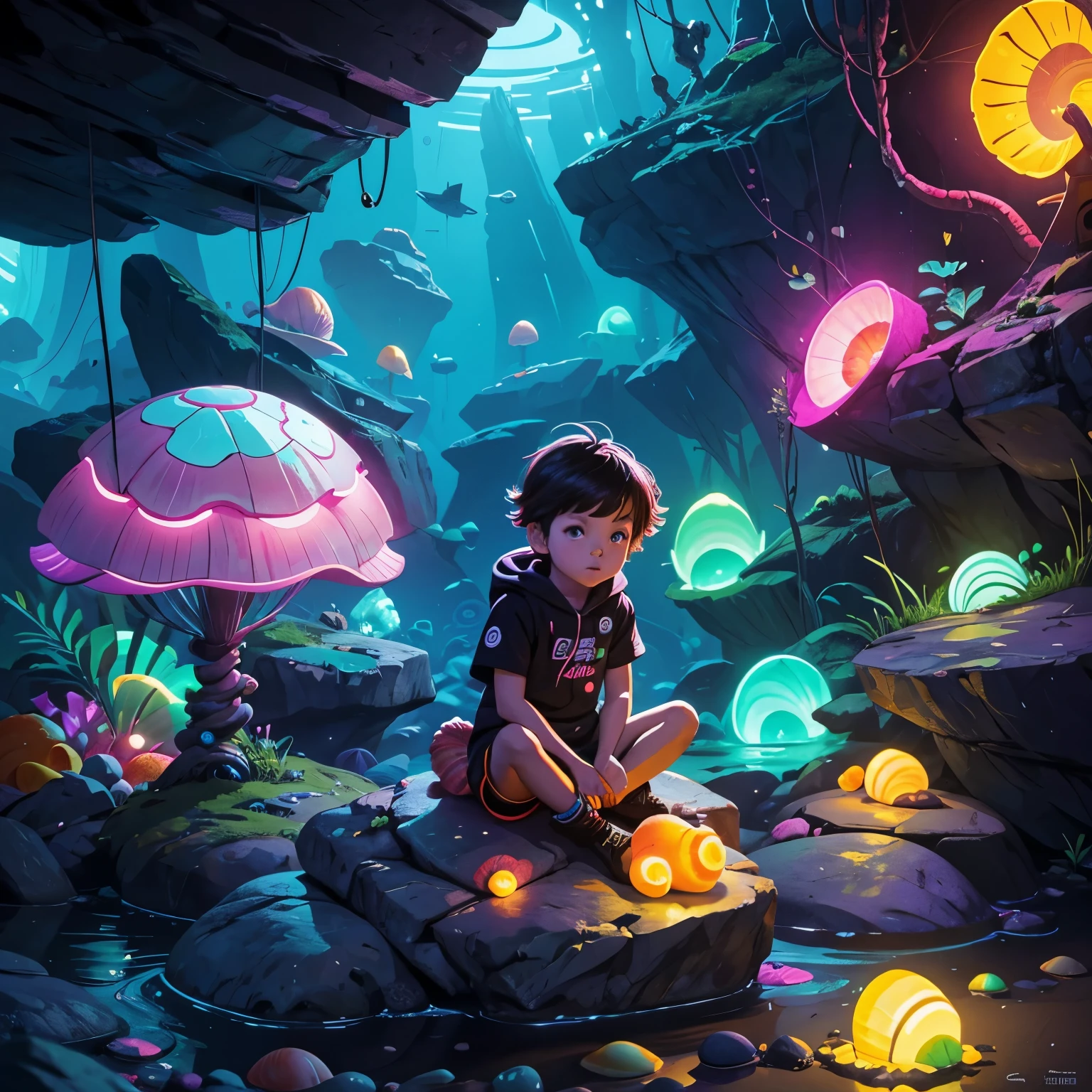 A 5-year-old child sits on a rock surrounded by bright neon shells. This gives the scene a futuristic and surreal feel.