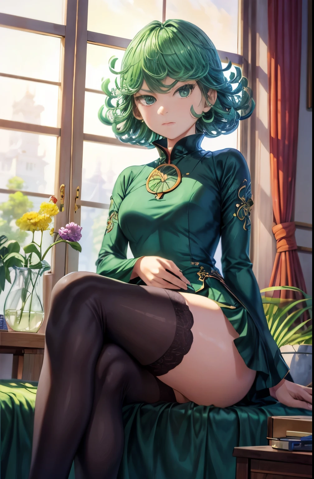 (Masterpiece, Best Quality:1.2), 独奏, 1girl, tatsumaki, unamused, closed mouth, looking a viewer, sitting, 她穿着敦煌飞天衣服, thights, широкие thights,