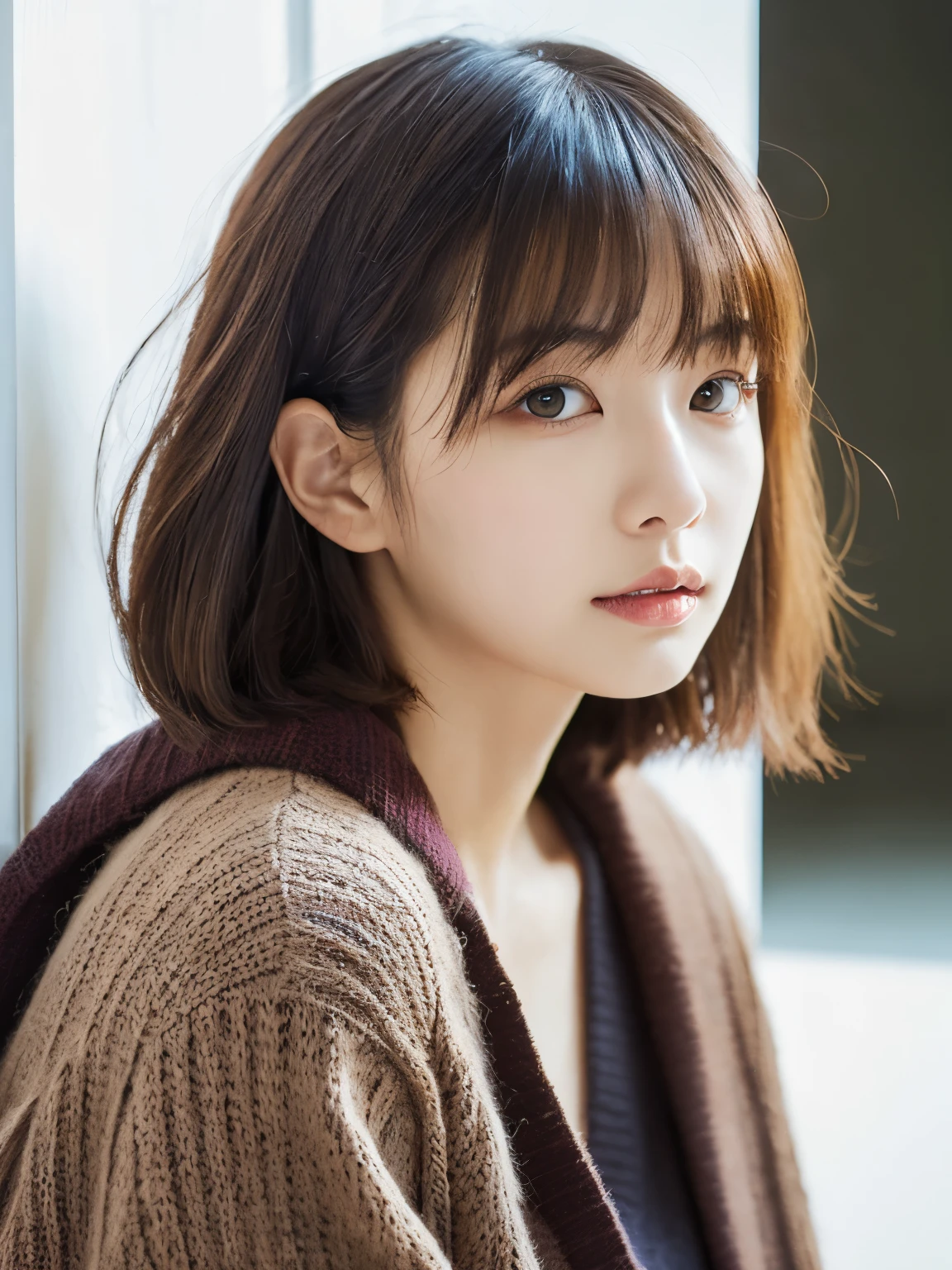 white wall、Taken in front of the white door、(窓のあるwhite wallの部屋)、shot in natural light、Highly detailed face and skin texture、highly detailed lips、correct state of the human body、Super high resolution、(Photoreal:1.4)、top quality, 1 beautiful woman, 28 years old, s, 100mm lens、light yellow knit、(Dark brown medium shorthair)、Japanese woman with bob、(dark brown hair)、Versatile poses、looking at the camera、natural color lip、Winter clothes、 necklace、full body photo