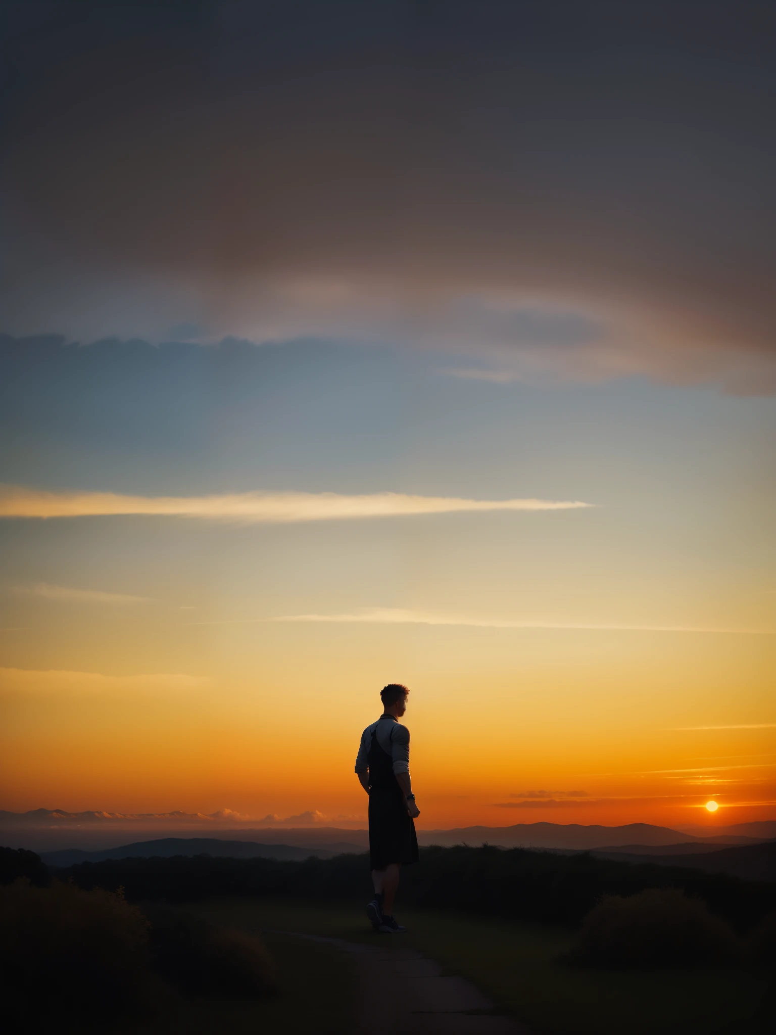 man, landscape, nature, mountains, paths, path, path to heavens, palm trees, alone, alone, straight path, natural view, divine, clouds, cloud, heavens, sky, sun, detailed sky, path to, back, manly, manly, manly, vigorous, strong, well dressed, tunic, decent, walk, run, path, beauty path, life path, nature, beautiful place, paradise, back, walking, looking at the straight path, Direction photorealism, photorealistic, Ultra HD, 4K, detailed textures, futuristic colors, detailed colors,