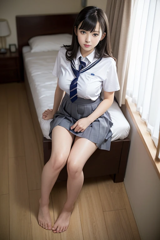 masterpiece, highest quality, 8K, RAW photo, 
1girl, Japanese girl, high school student, 17 years old, beautiful girl, cute face, (haircut of uniform length:1.2), (one length), Beautiful shiny black hair, straight hair, Clear white skin, pale skin, composed expression, Japanese High School Uniforms, (long pleated skirt), large breasts, Shirt unbuttoned, skirt lift, panty shot, up skirt, ((lie on her back)), on the bed, school infirmary, full body, ((full body to the toes)), whole body, She is barefoot, ((shoot from above)), (overhead shoot), beautiful legs, long legs, 
The room is dimly lit, evening, dusk, magic hour, 
