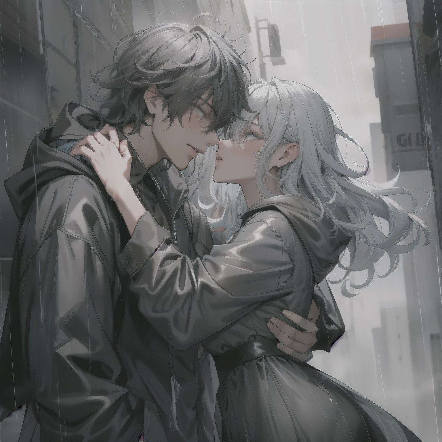 Black messy wavy haired guy, wearing black hoodie, gray shirt, kisses, girl with long light blue hair, wearing gray dress, in the rain