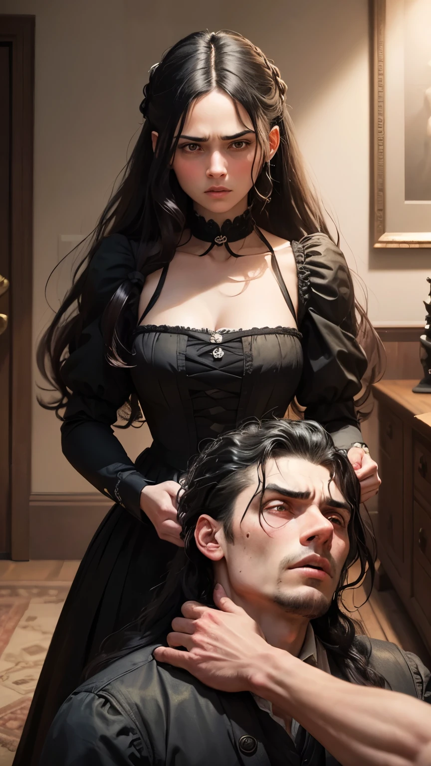 Masterpiece, 19th century London, England, man1, woman1, man strangling a woman, lying on the floor, man is angry, scared, black hair, objects in the room are scattered here and there, man's hair is matted, urgent situation,