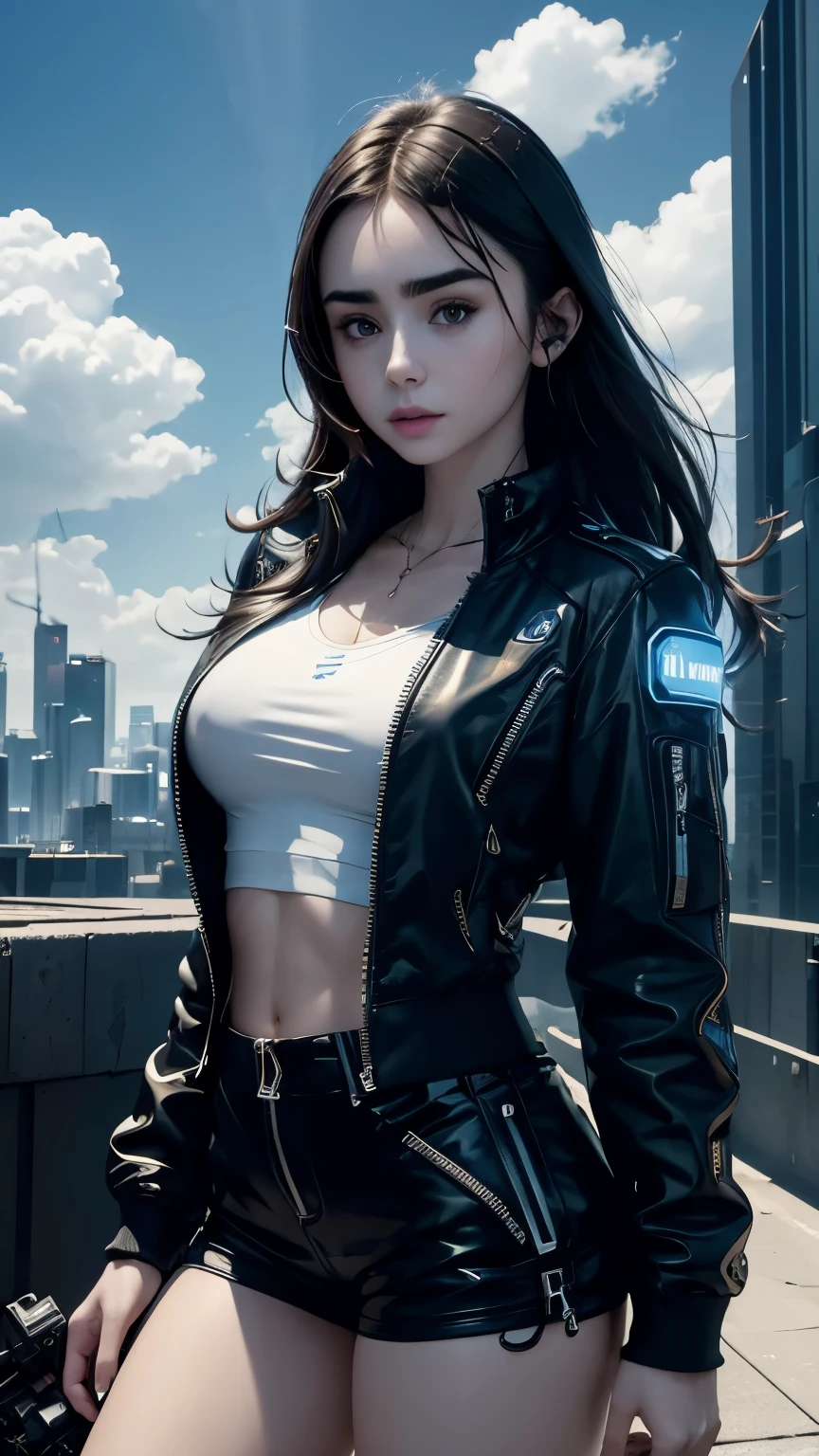 Lily Collins,Tall figure,skin,Upper body shorts,Black shorts,buttons,zipper,Complex workmanship,icon,company logo,Emit blue light,background with,future technology,cyberpunk city,,big gear,wind,Blue sky and white clouds,