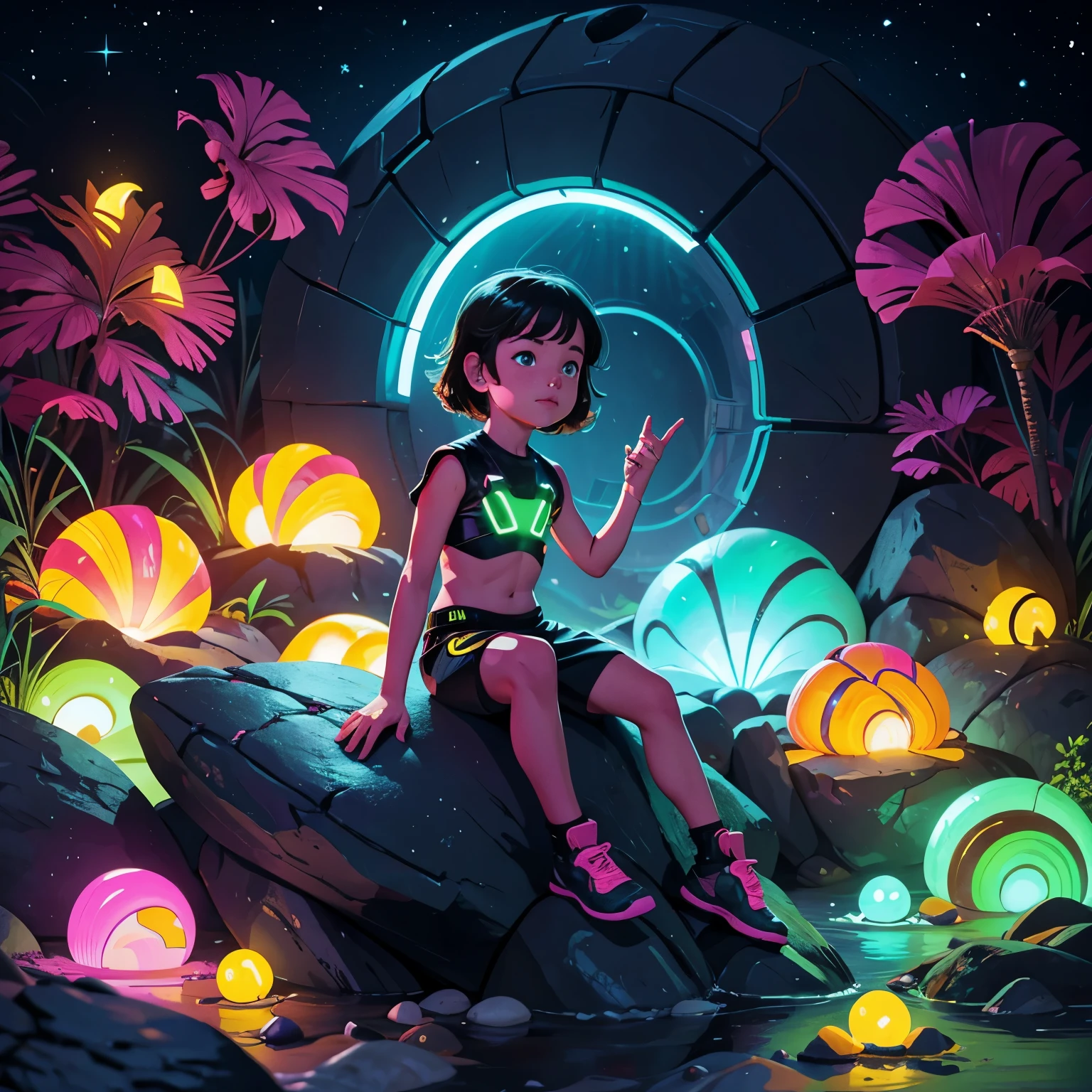 A 5-year-old child sits on a rock surrounded by bright neon shells. This gives the scene a futuristic and surreal feel.