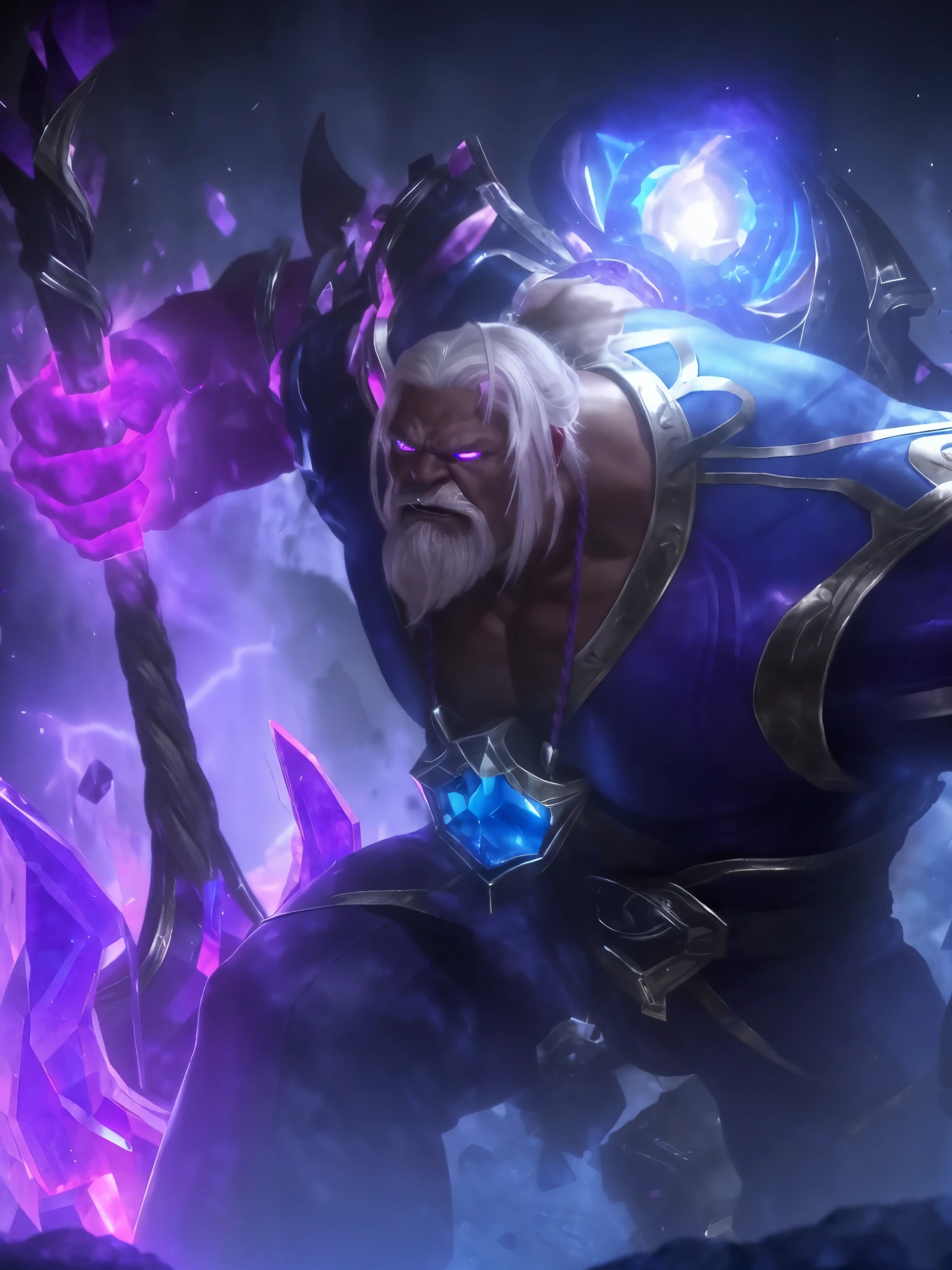 realist, (An elderly man:1.2), (white hair:1.3),(Pink crystal:1.3), humpbacked, blue flame,The Hulk,(blue rope and belt:1.2), (Purple and fluorescent eyes:1.3),(black skin:1.1) ,(Realistic:1.3)