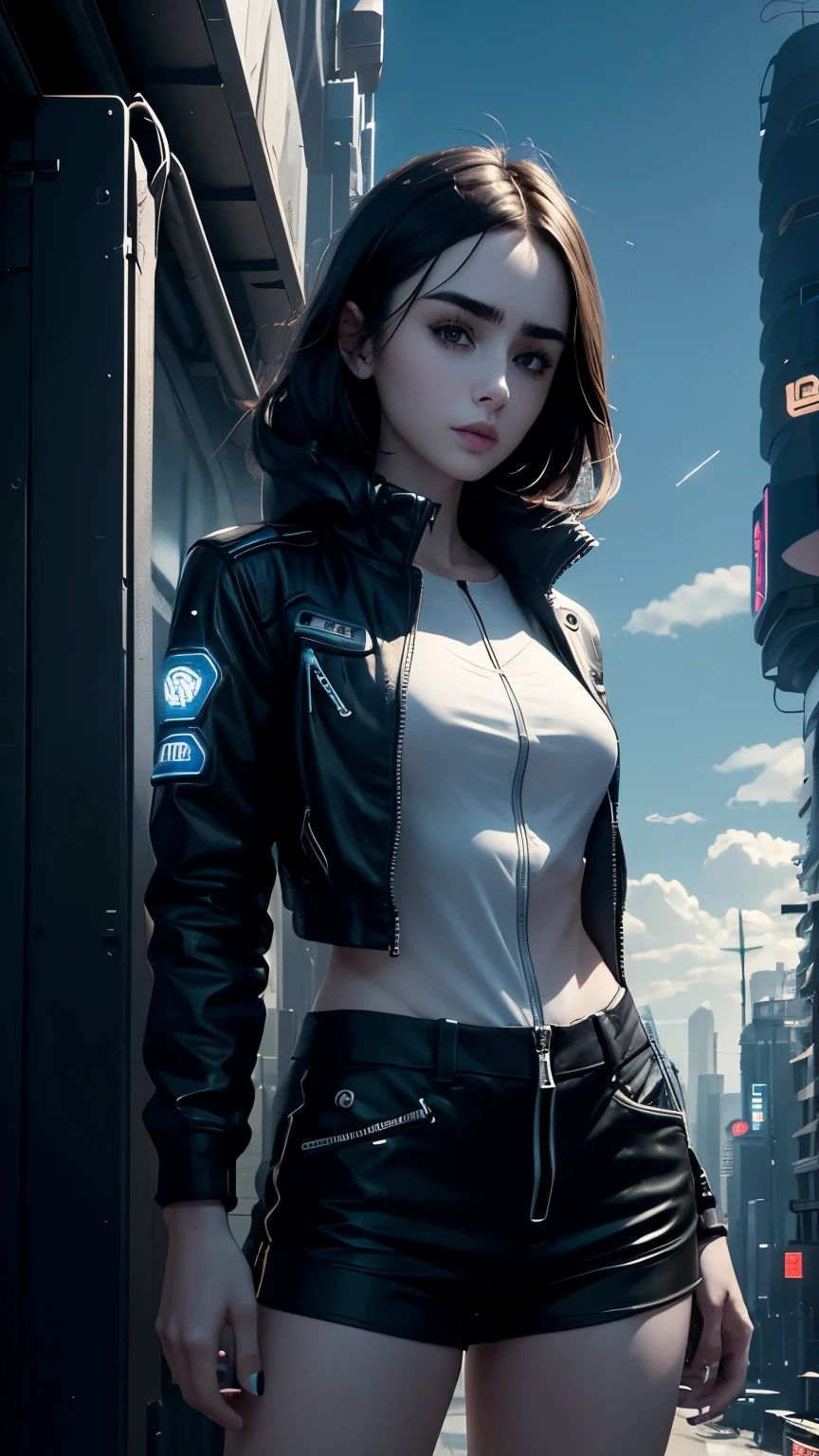 Lily Collins,Tall figure,skin,Upper body shorts,Black shorts,buttons,zipper,Complex workmanship,icon,company logo,Emit blue light,background with,future technology,cyberpunk city,,big gear,wind,Blue sky and white clouds,