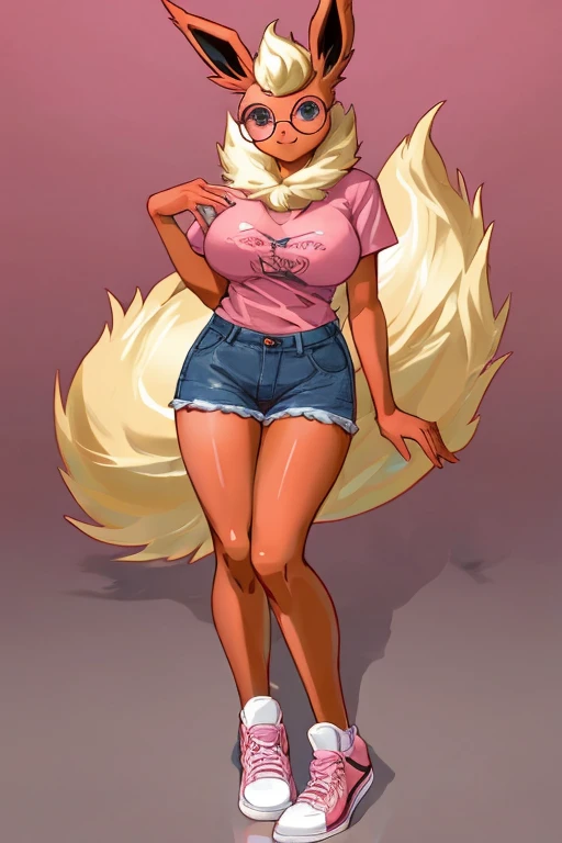 ((Flareon)), anthropomorphic, big boobs, big ass, pokemorph, (((1girl))), (((black and pink t-shirt))), (denim short shorts), sexy, slender, red skin, (round glasses), long legs, smiling, hands on boobs, (black stockings), (sneakers)