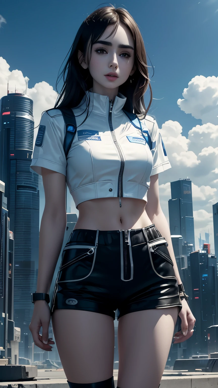 Lily Collins,Tall figure，skin，Upper body shorts，Black shorts，buttons，zipper，Complex workmanship，icon，company logo，Emit blue light，background with，future technology，cyberpunk city，，big gear，wind，Blue sky and white clouds，