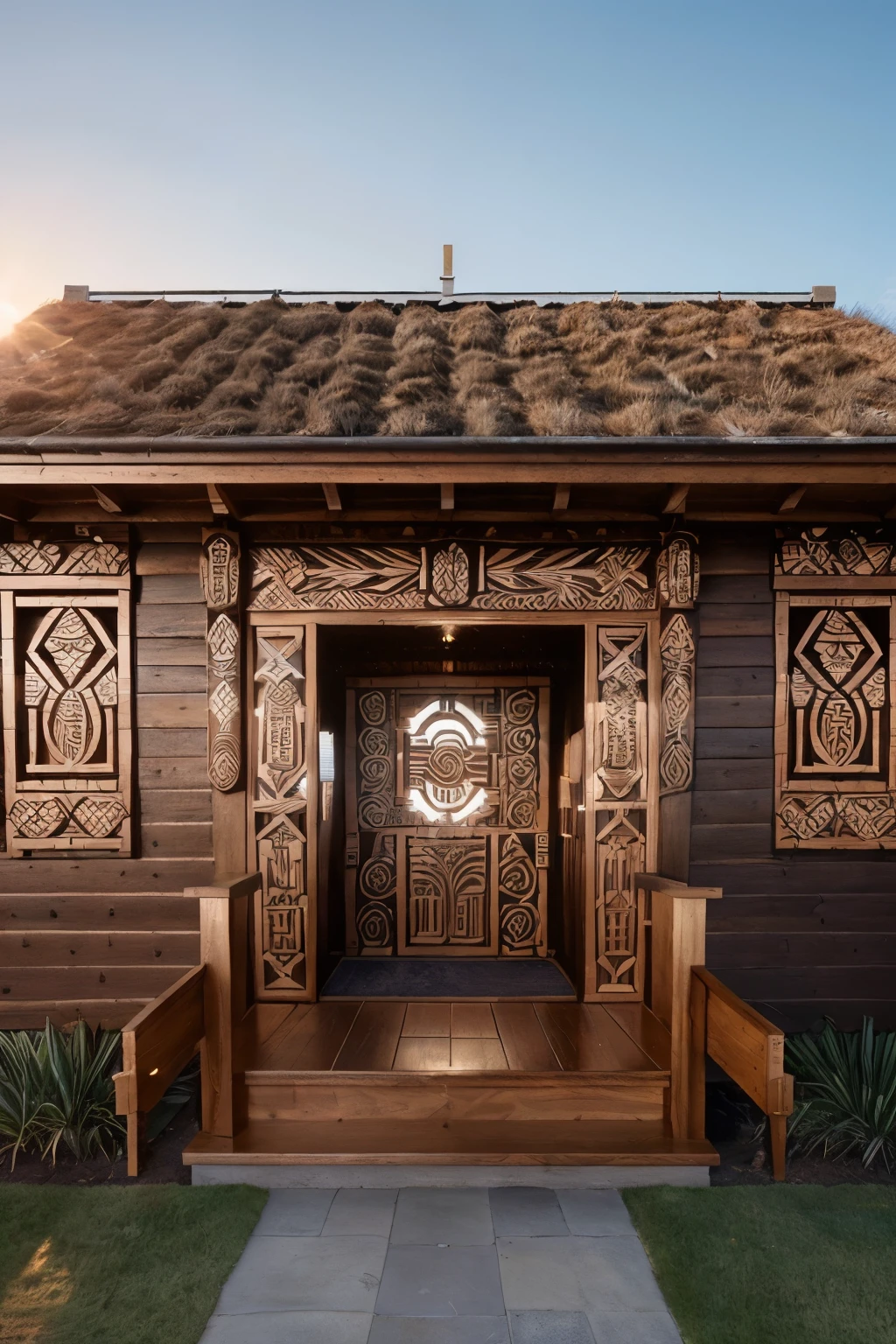 Maori marae in New Zealand, an intricately detailed traditional meeting ground, is beautifully illuminated by the setting sun. Theancientcarvings, meticulously crafted, guard the sacredlore of the Maoriculture. Each carbon of the wood isetched with complexpatterns, drawing the gaze to the intricate details, revealing tales of old.The carvings, reflecting the richhistory of the Maori people, are captured in crisp,high-resolution detail in this masterpiece. The sun castshighlights and shadows across the marae, adding depth andtextureto the equally detailed, realistic wooden surface. The intricacyof the designshines through in the highly