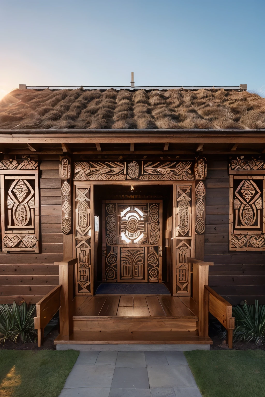 Maori marae in New Zealand, an intricately detailed traditional meeting ground, is beautifully illuminated by the setting sun. Theancientcarvings, meticulously crafted, guard the sacredlore of the Maoriculture. Each carbon of the wood isetched with complexpatterns, drawing the gaze to the intricate details, revealing tales of old.The carvings, reflecting the richhistory of the Maori people, are captured in crisp,high-resolution detail in this masterpiece. The sun castshighlights and shadows across the marae, adding depth andtextureto the equally detailed, realistic wooden surface. The intricacyof the designshines through in the highly