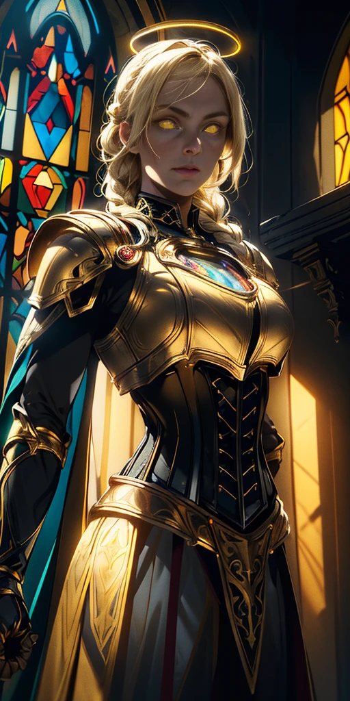 upper body of paladin lady in ornate golden armor, black collar, pauldrons, breastplate, corset, glowing halo, single braid, blonde, yellow glowing eyes, bright pupils, eye focus, red cape, temple indoors, stained glass windows, night, moonlight, particles, light beam, chromatic aberration