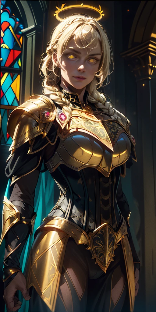 upper body of paladin lady in ornate golden armor, black collar, pauldrons, breastplate, corset, glowing halo, single braid, blonde, yellow glowing eyes, bright pupils, eye focus, red cape, temple indoors, stained glass windows, night, moonlight, particles, light beam, chromatic aberration