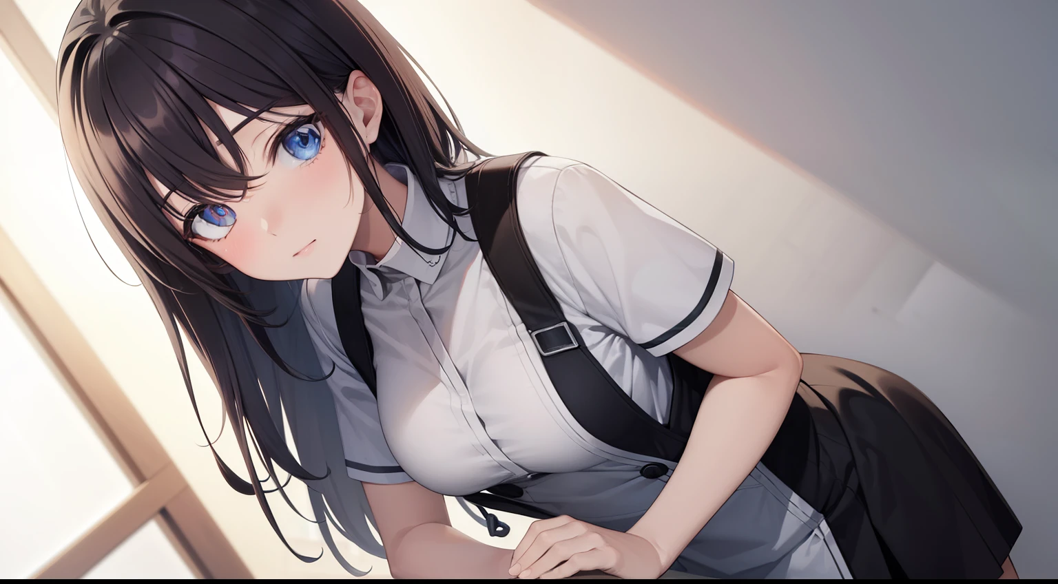 hashimoto_akiko, medium hair, black hair, ahoge, blue eyes, medium breast, small posture, medium skirt, nurse outfit, mature, standing, waiting, BREAK looking at viewer, BREAK (masterpiece:1.2), best quality, high resolution, unity 8k wallpaper, (illustration:0.8), (beautiful detailed eyes:1.6), extremely detailed face, perfect lighting, extremely detailed CG, (perfect hands, perfect anatomy),