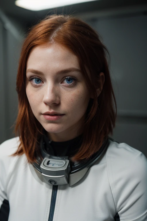 Photo of a red-haired woman, in space, Futuristic spacesuit, (freckles:0.8) cute face, Science fiction, Dystopian, Detailed eyes, Blue eyes