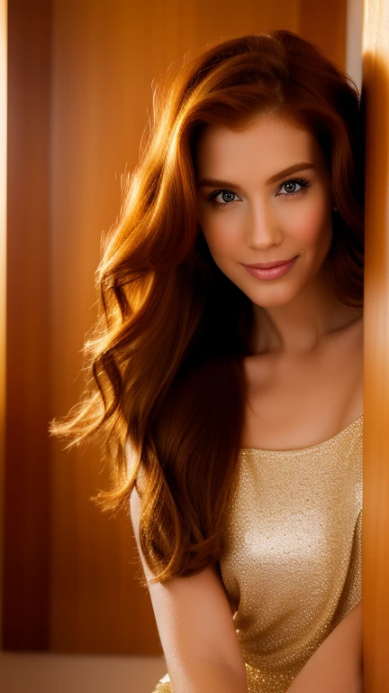 gorgeous, pretty, warm-hearted, kind-hearted, reliable, brighty, cheerful, sweet, polite, sensitive, sensible, shiny, charming, stylish, long wavy ginger haired woman.