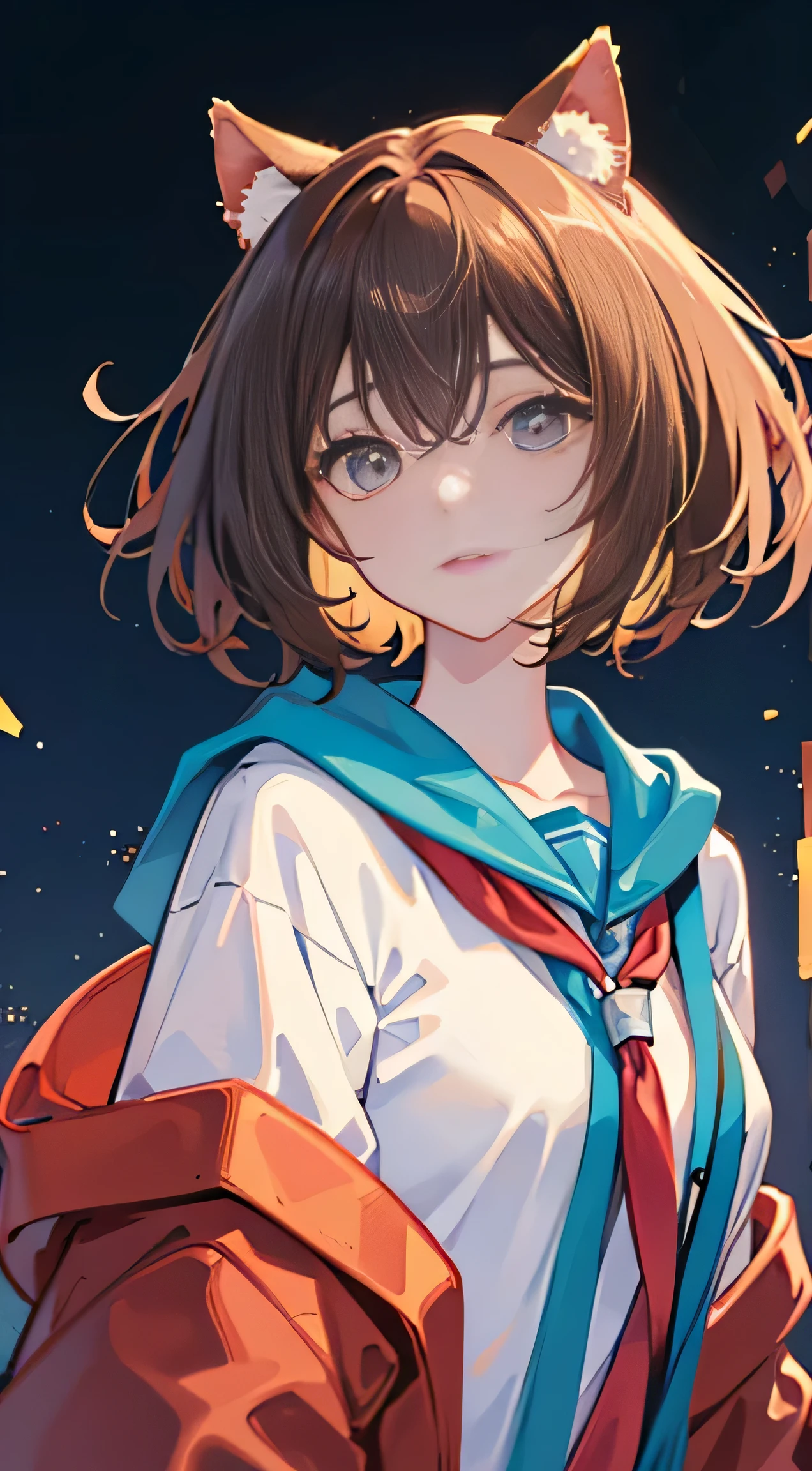 Japanese woman with fair skin and messy short hair outdoors,high school school uniforms, Super cute, soft face, brown hair, 8K resolution, Surrealism, super clear,((Highest definition, 8k, masterpiece: 1.3)), super clear Face, super clear Lips, beautiful eyes, Double eyelids in soft color, vector style, Y2K hoodie,Speechless, Only pictures,dog ears,simple background