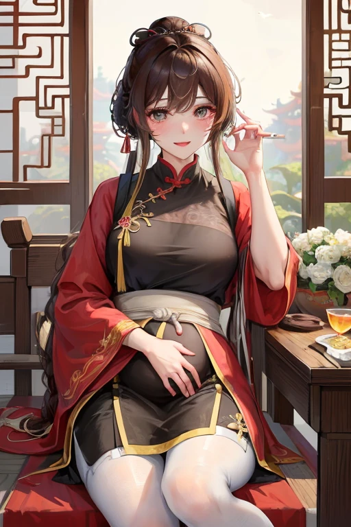 masterpiece, best quality, Married woman, aldult, Chinese style, China, elder sister, Smile, brown hair, princess cut, Single fried dough stick braid,Pantyhose,Full of motherhood,Chinese style婚礼服,Pure desire,blushing,dignified yet lively,Mother,The hand caressed the belly