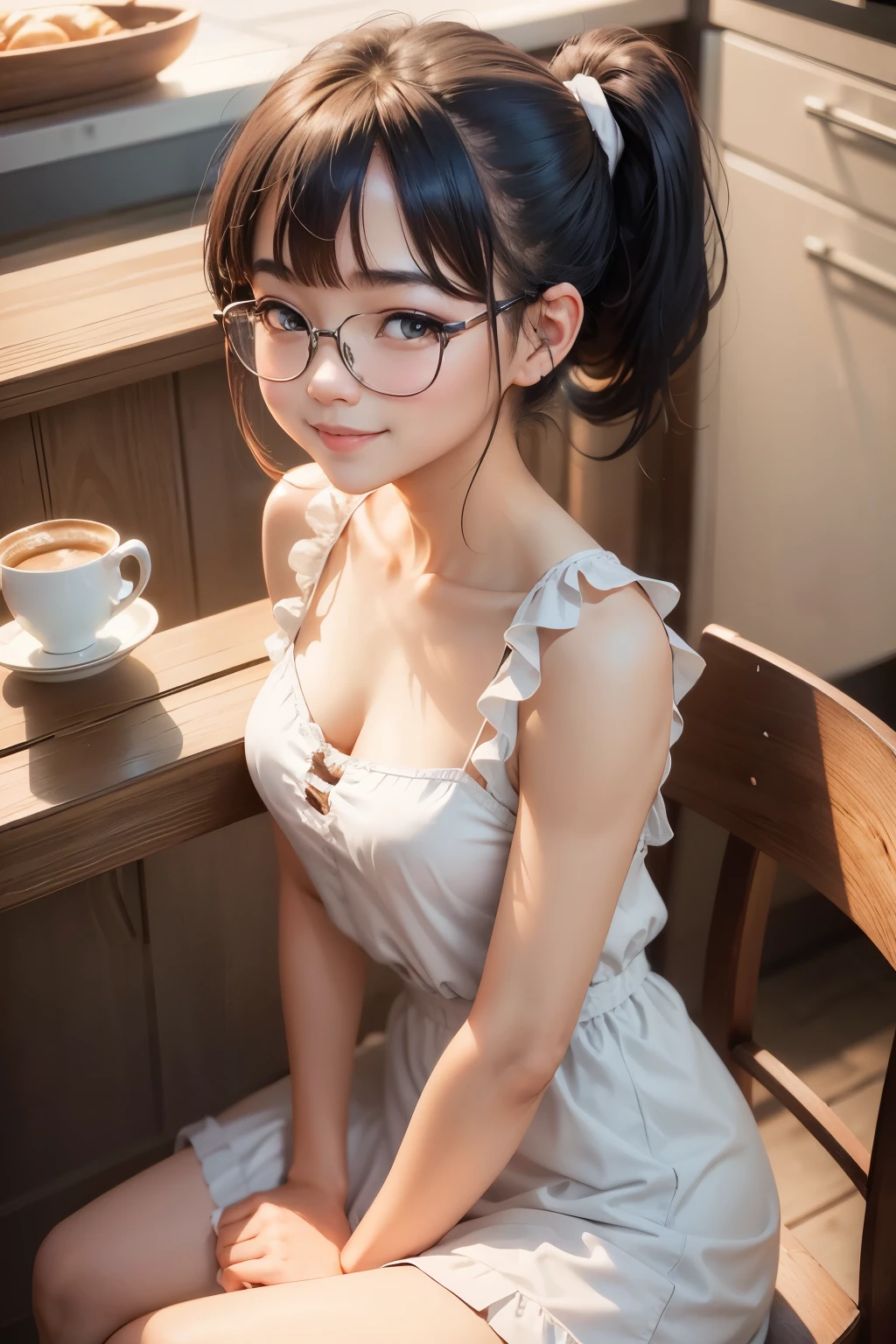 1 beautiful Thai girl, Ponytail, bangs, eyeglasses, smile, natural small breast, Seated, café, ((Dresses,Closed neck,Sleeveless,white)), anime, ultra highres