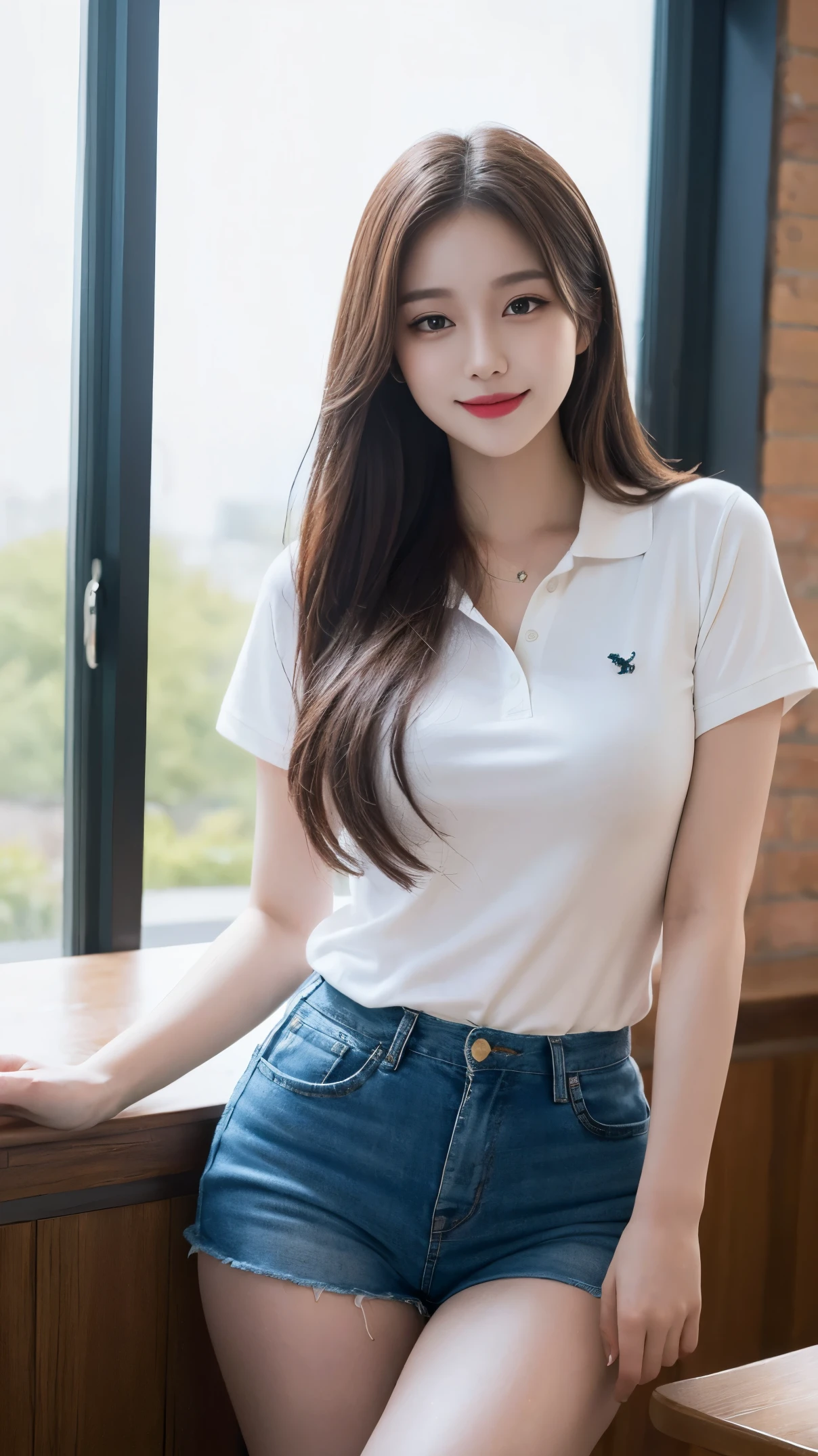 on the table, best quality, illustration, super detailed, Exquisite details, high resolution, 8k wallpaper, Perfect dynamic composition, beautiful and delicate eyes,female student、Polo shirt、thighs thighs thighs thighs, (huge :1.3)、 Natural lip color,a smile，exposing her breasts，breasts on display，huge breasts，