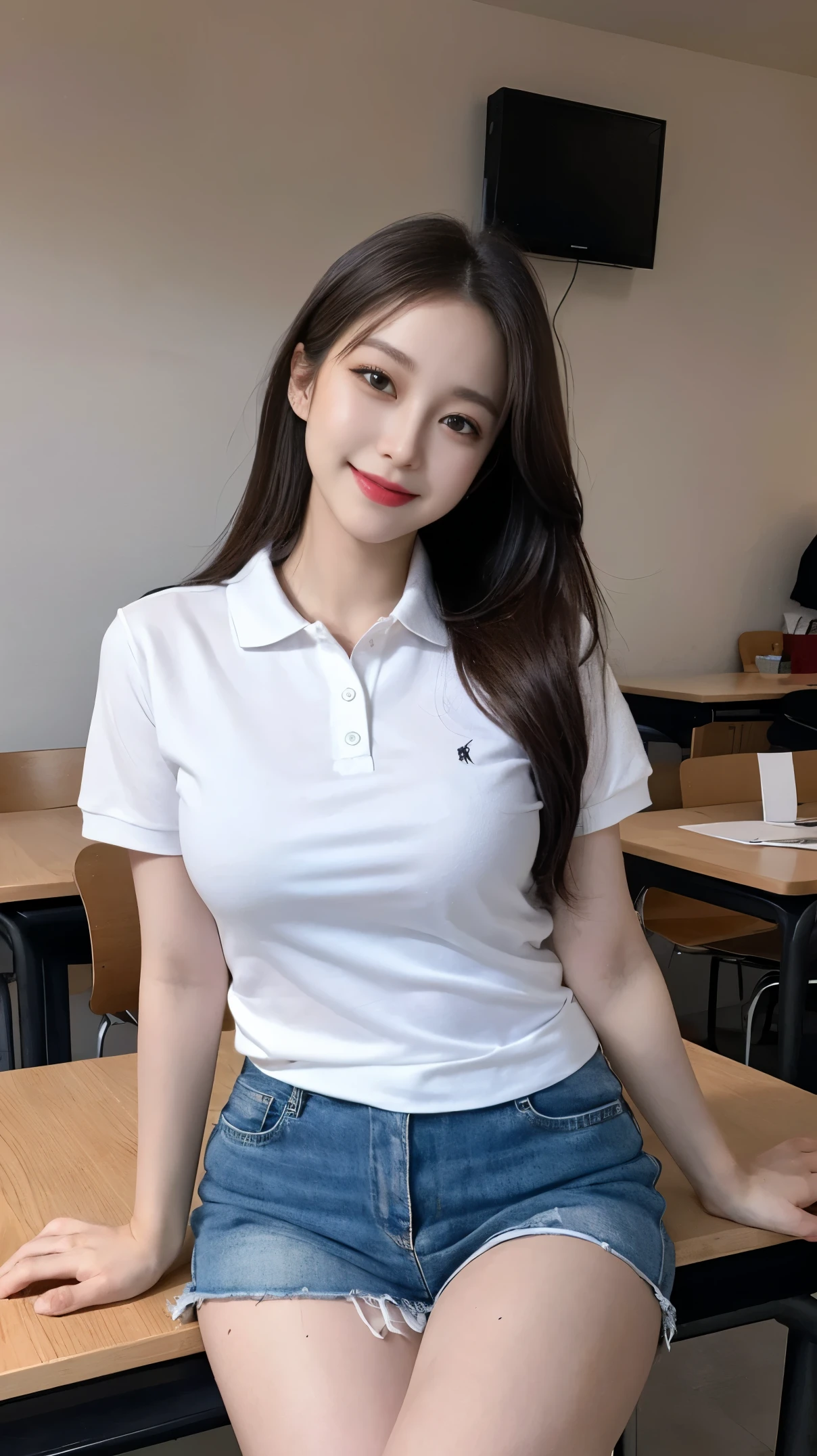 on the table, best quality, illustration, Super detailed, fine details, high resolution, 8k wallpaper, Perfect dynamic composition, Beautiful and delicate eyes,female student、Polo shirt、thighs thighs thighs thighs, (huge :1.3)、 natural color lips,a smile